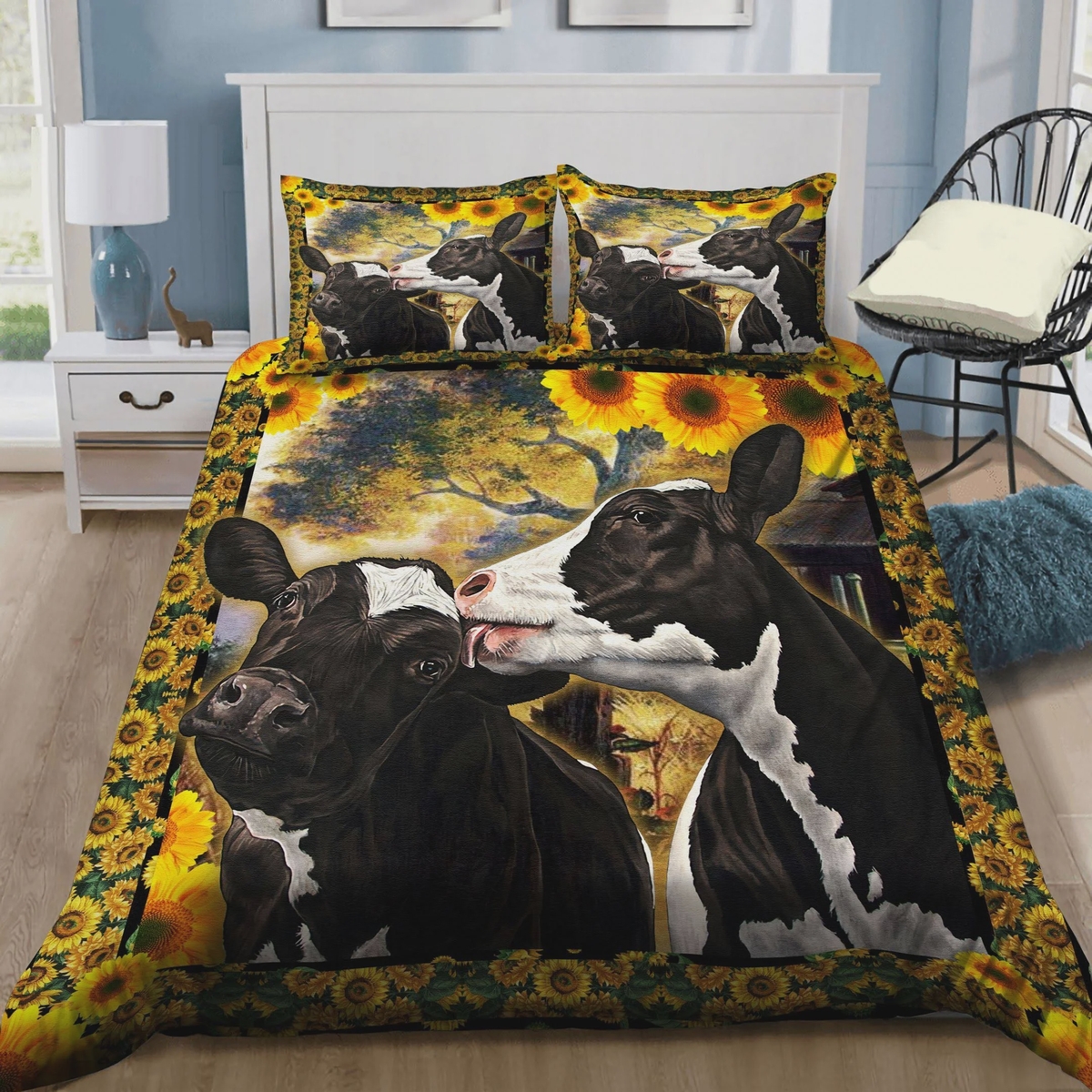 Cow Couple Sunflower Bedding Set (Duvet Cover & Pillowcases) - Unique Anime Apparel for Fans
