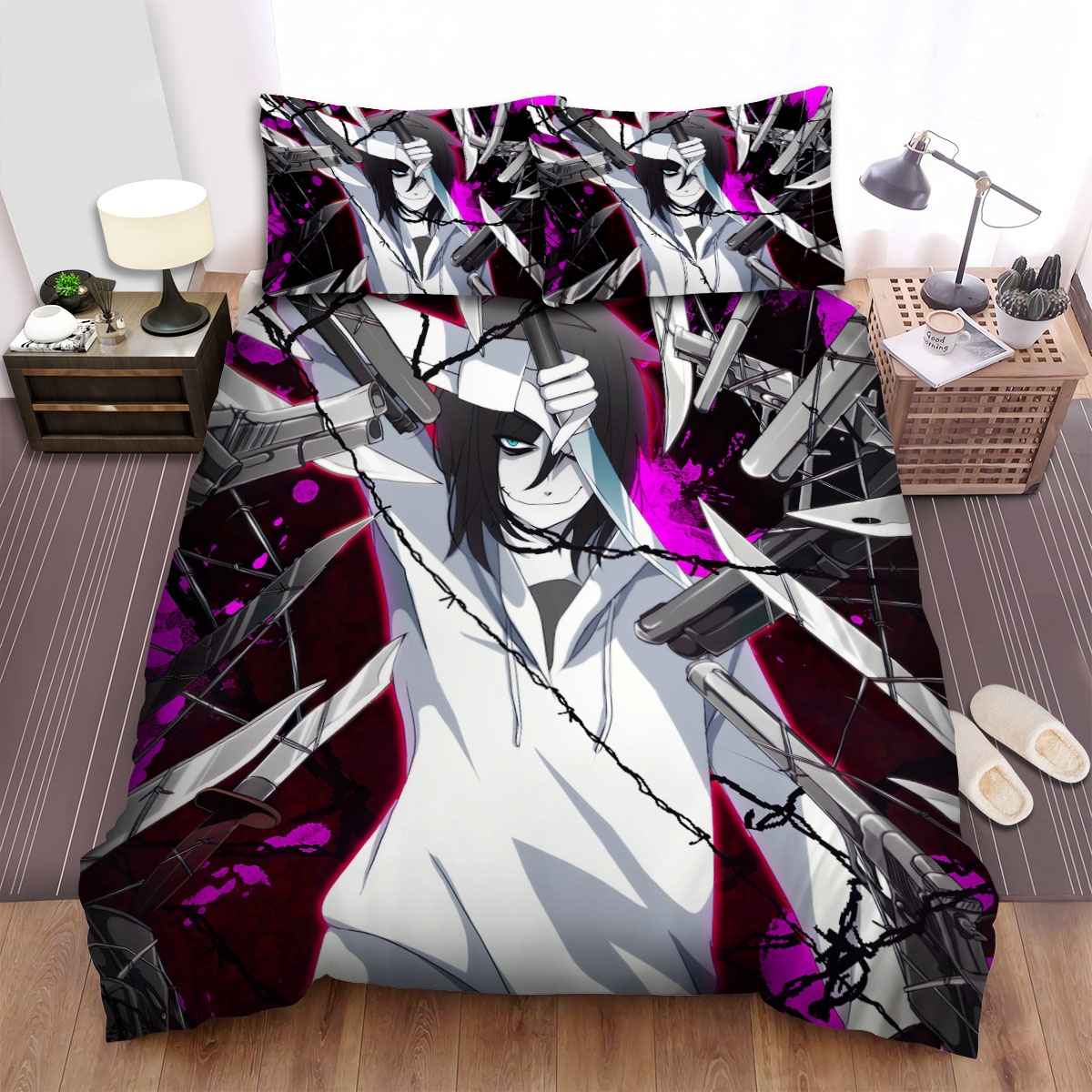 Creepypasta Jeff The Killer And Weapons Illustration Bed Sheets Spread Duvet Cover Bedding Set - Unique Anime Apparel for Fans