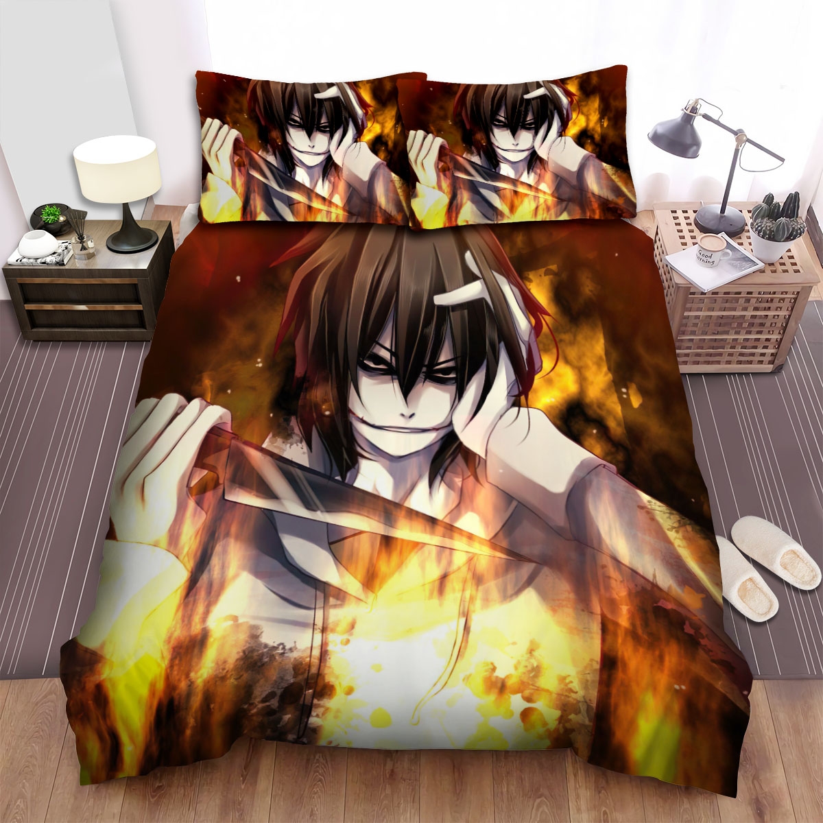 Creepypasta Jeff The Killer In Flame Bed Sheets Spread Duvet Cover Bedding Set - Unique Anime Apparel for Fans