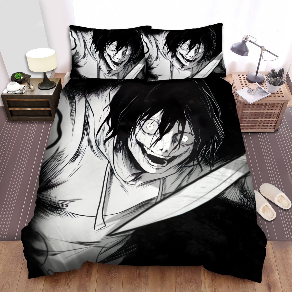 Creepypasta Jeff The Killer With A Knife In Black & White Bed Sheets Spread Duvet Cover Bedding Set - Unique Anime Apparel for Fans