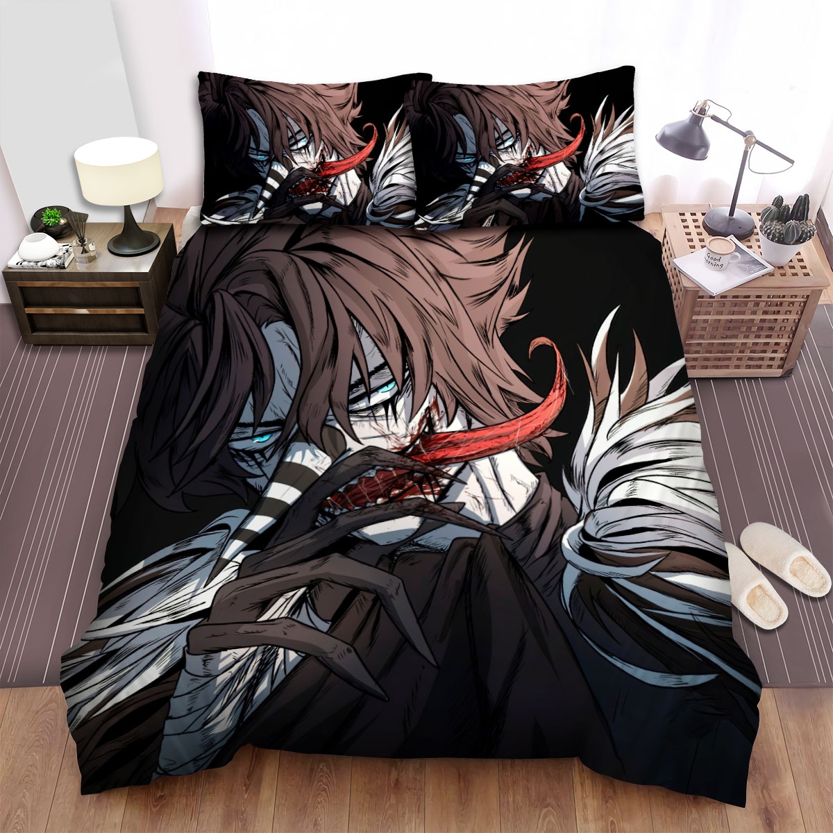 Creepypasta Laughing Jack With Bloody Mouth Portrait Illustration Bed Sheets Spread Duvet Cover Bedding Set - Unique Anime Apparel for Fans