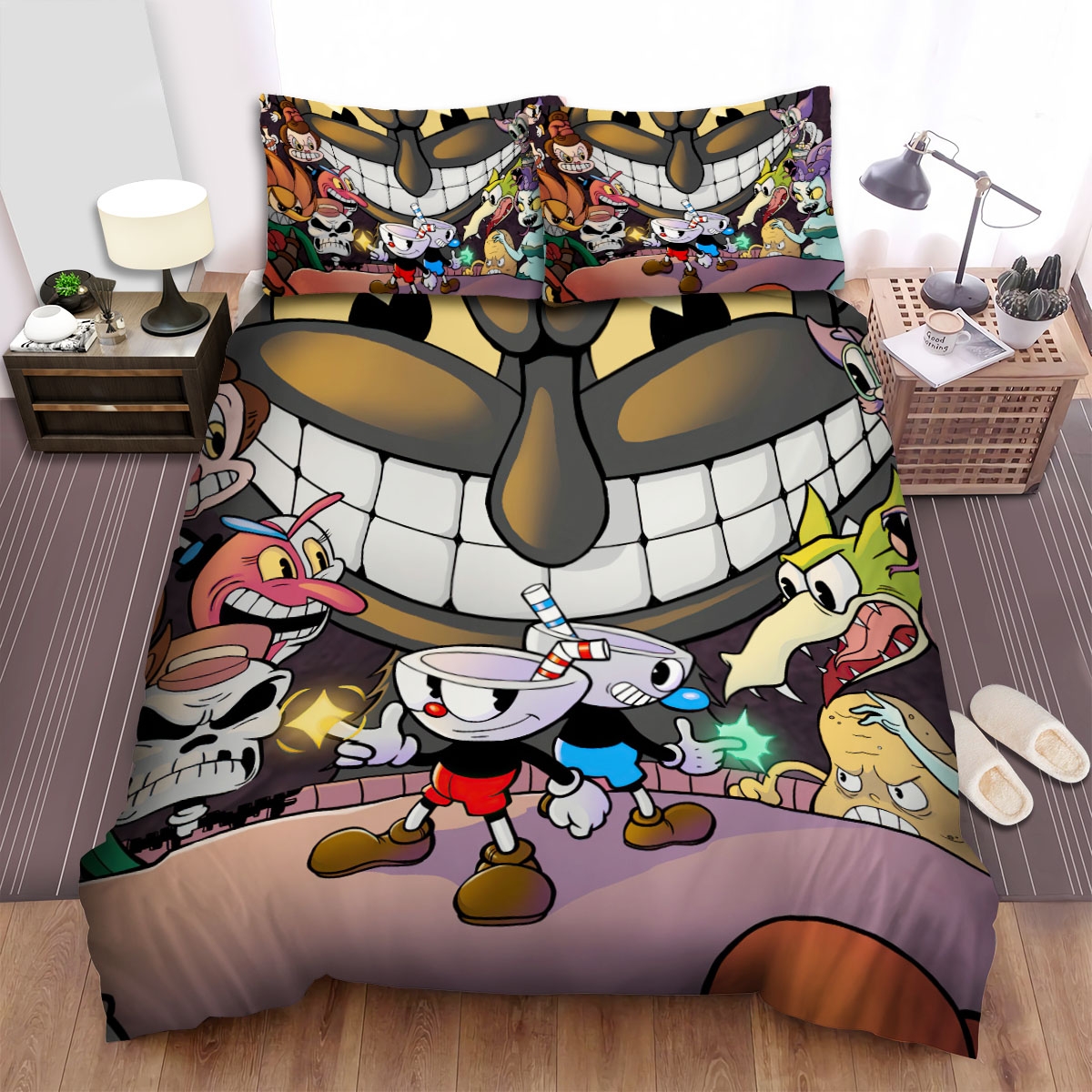 Cuphead - Cuphead And Mugman Relying On Each Other Bed Sheets Spread Duvet Cover Bedding Set - Unique Anime Apparel for Fans