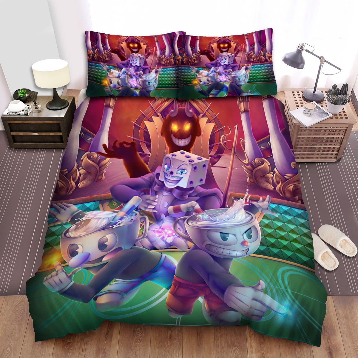Cuphead - The King Dice Controlling Cuphead And Mugman Bed Sheets Spread Duvet Cover Bedding Set - Unique Anime Apparel for Fans