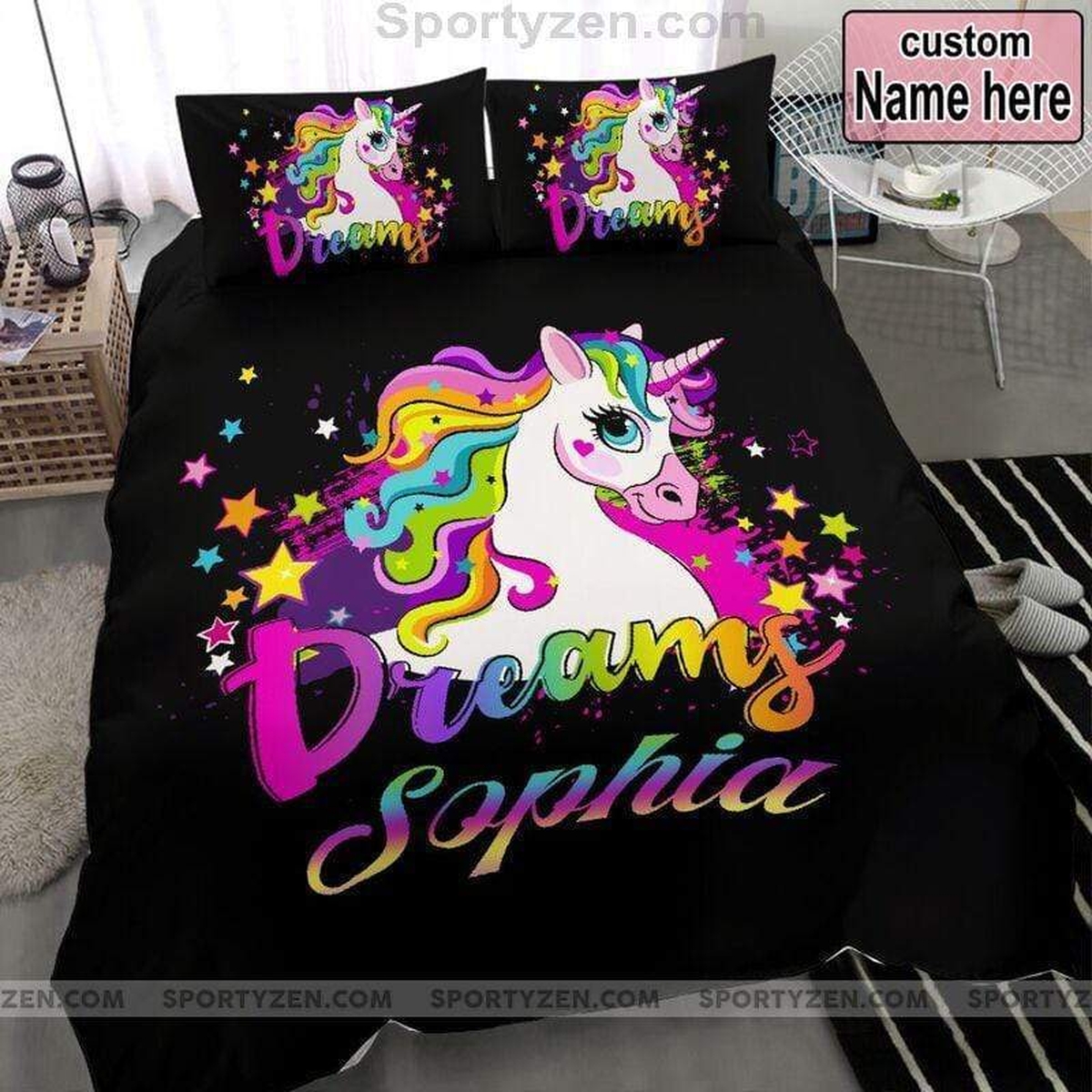 Custom Dreamy Unicorn Rainbow Duvet Cover Bedding Set With Name - Unique Anime Apparel for Fans