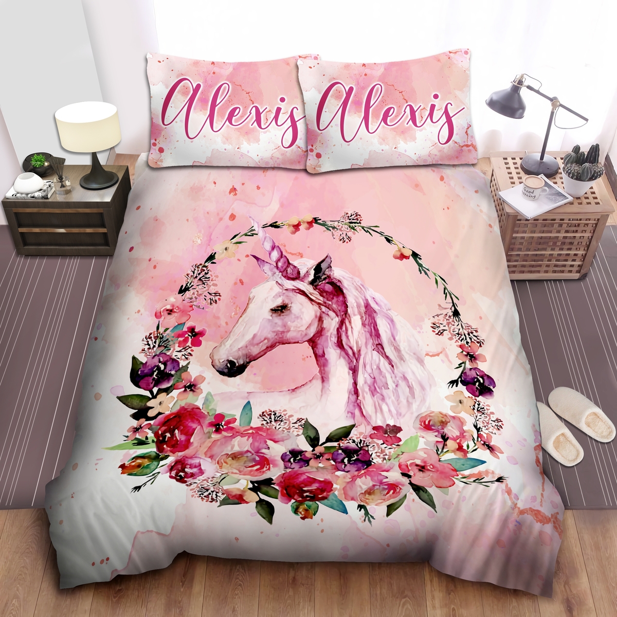Custom Duvet Cover Personalized Pink Flower Unicorn Bedding Set With Your Name - Unique Anime Apparel for Fans