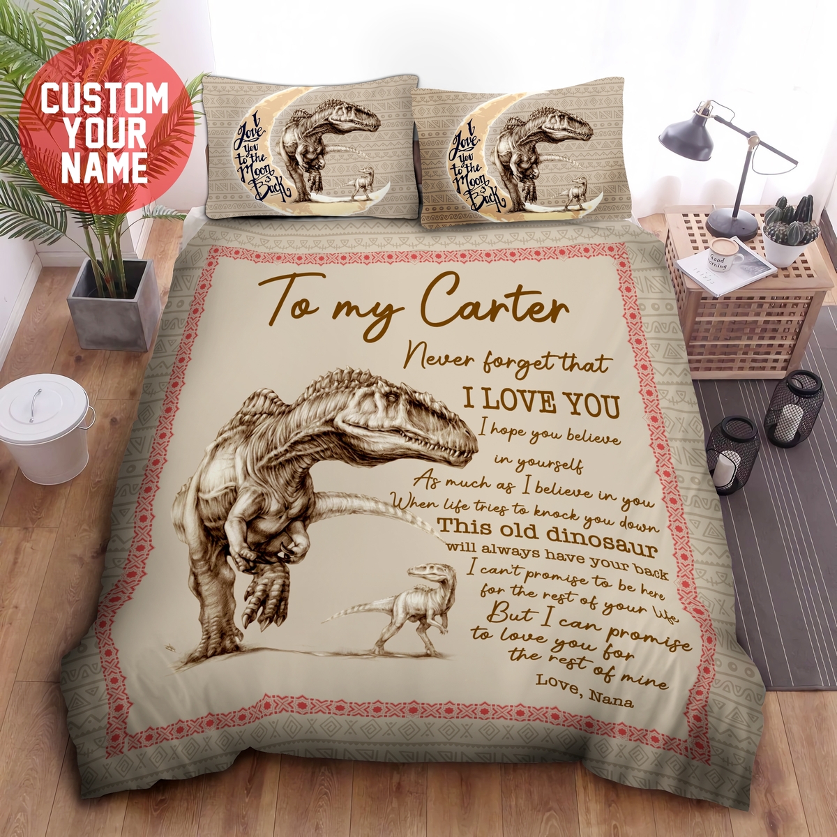 Custom Personalized I Love You To The Moon And Back Dinosaur To My Grandson Duvet Cover And Pillow Cases Bedding Set Gifts For Grandson - Unique Anime Apparel for Fans