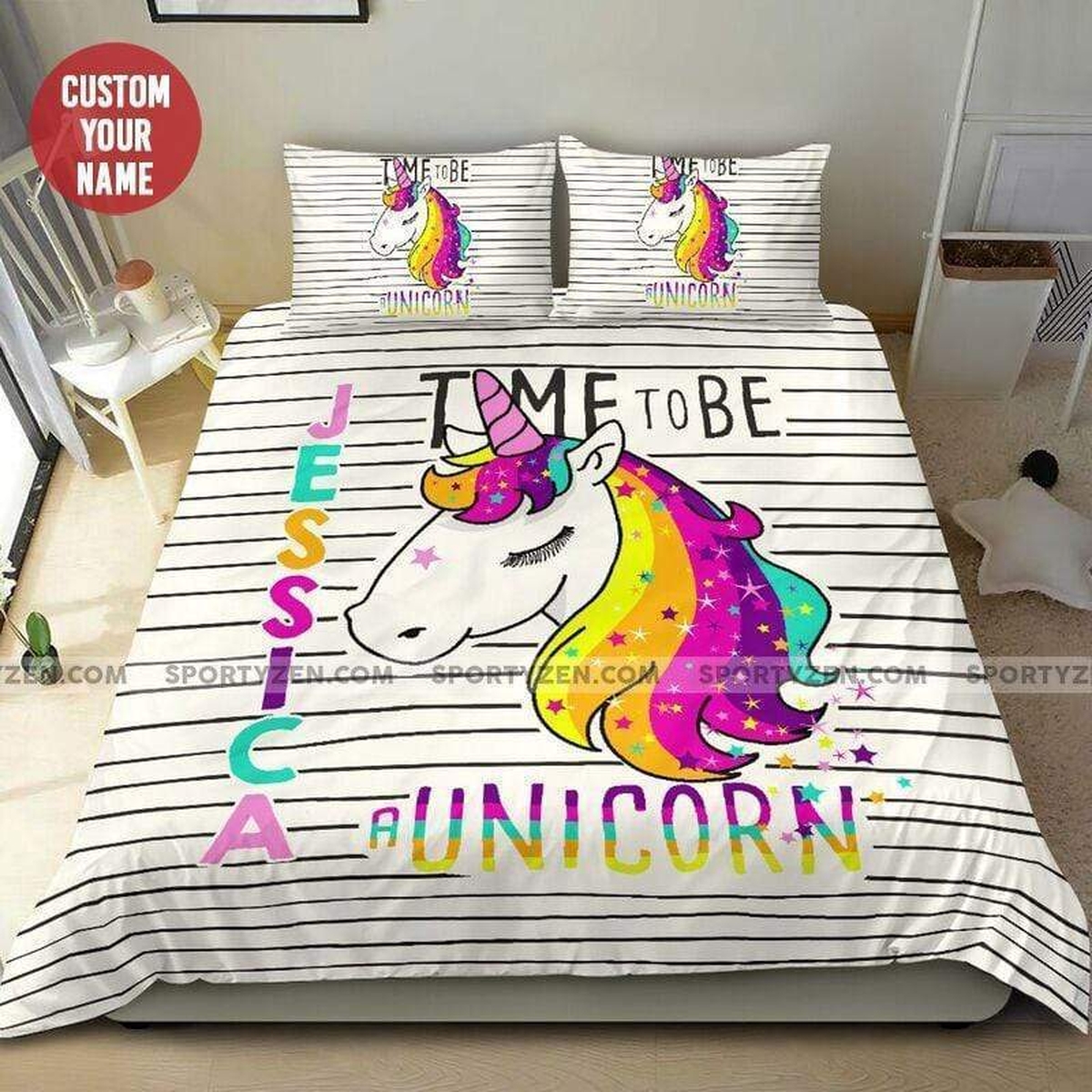 Custom Rainbow Stripes Unicorn Duvet Cover Bedding Set With Your Name - Unique Anime Apparel for Fans