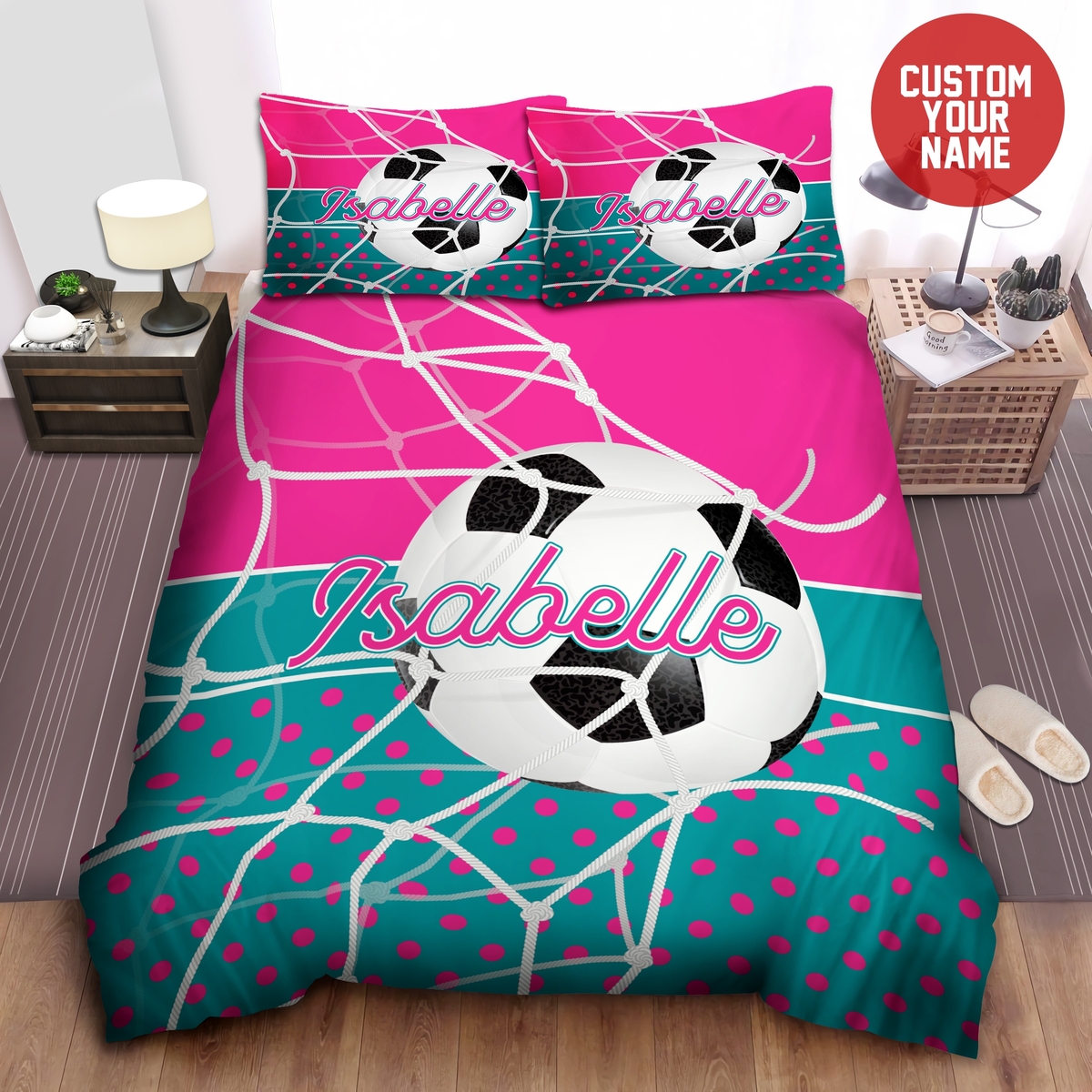 Custom Soccer Pink Pattern Duvet Cover Bedding Set With Name - Unique Anime Apparel for Fans