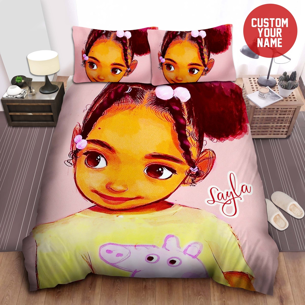 Cute Black Little Girl Custom Name Bed Sheets Duvet Cover Bedding Set - Unique Anime Apparel for Fans