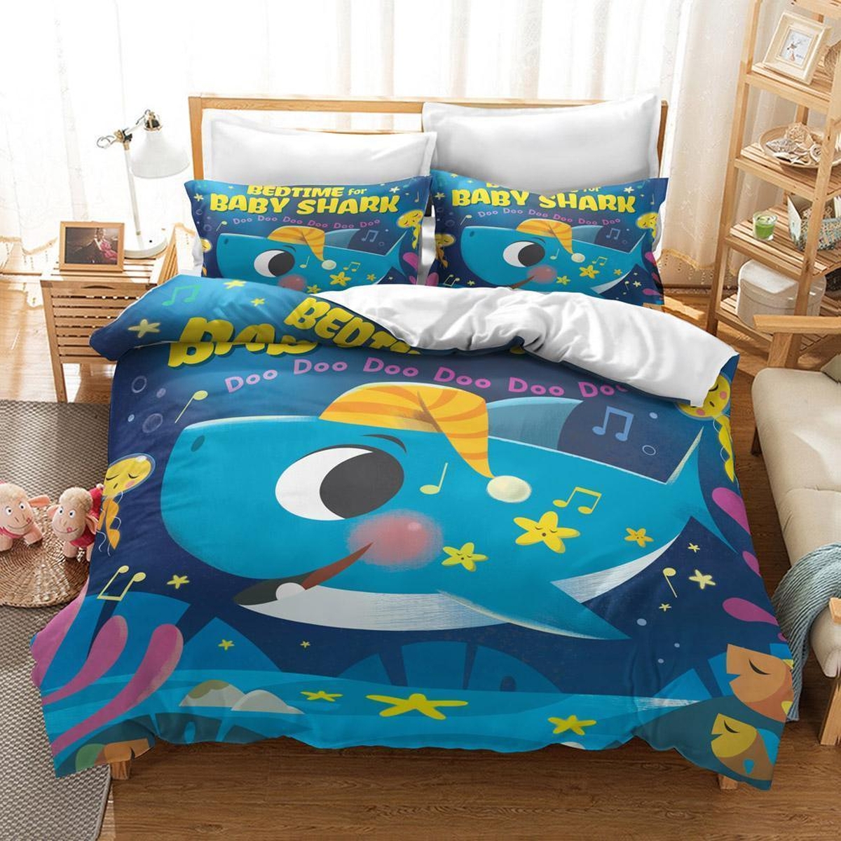 Cute Blue Baby Shark Goodnight For Kid's Room Duvet Cover Bedding Set - Unique Anime Apparel for Fans