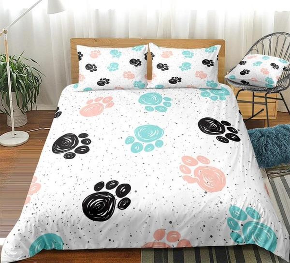 Cute Dog Drawn Paw Print Bed Sheets Spread Comforter Duvet Cover Bedding Set - Unique Anime Apparel for Fans