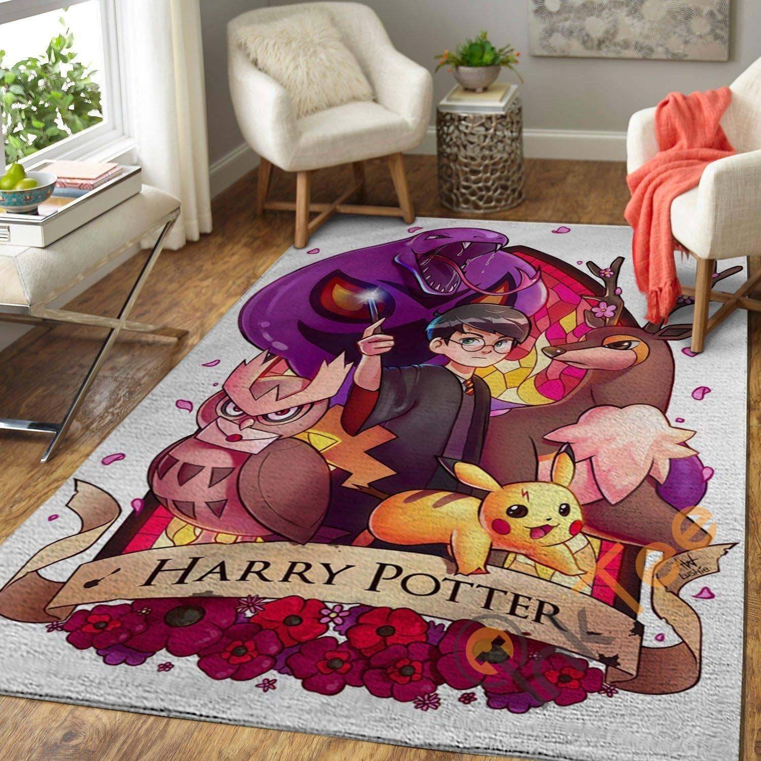Cute Harry Potter Chibi And Pikachu Carpet Living Room Floor Decor Gift For Potter's Fan Rug - Unique Anime Apparel for Fans