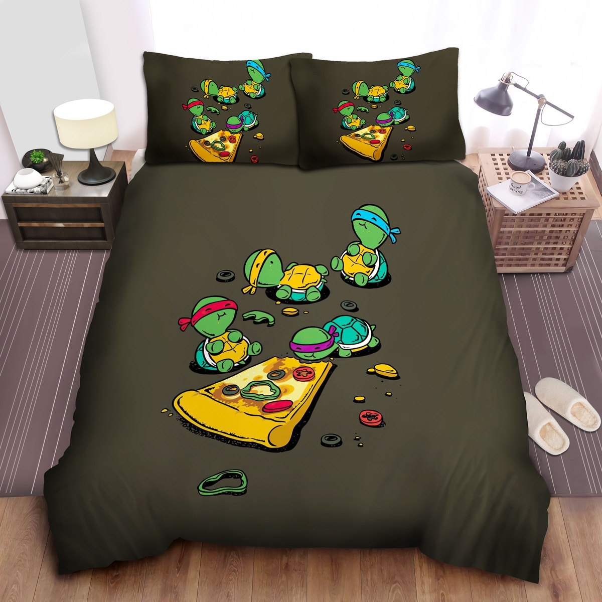 Cute Little Ninja Turtles Eating Pizza Bed Sheets Spread Duvet Cover Bedding Set - Unique Anime Apparel for Fans