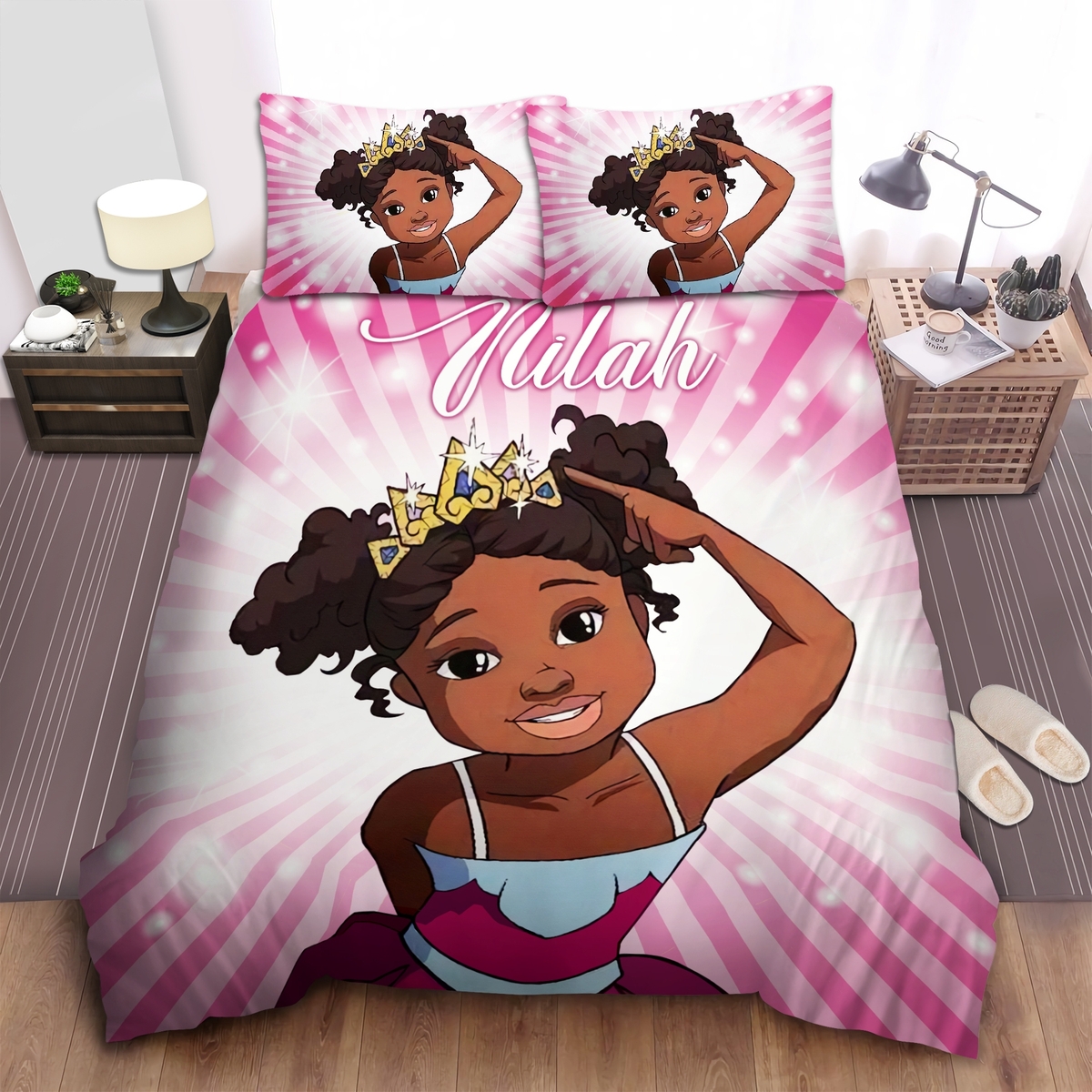 Cute Little Princess Black Girl African American Personalized Custom Name Duvet Cover Bedding Set - Unique Anime Apparel for Fans