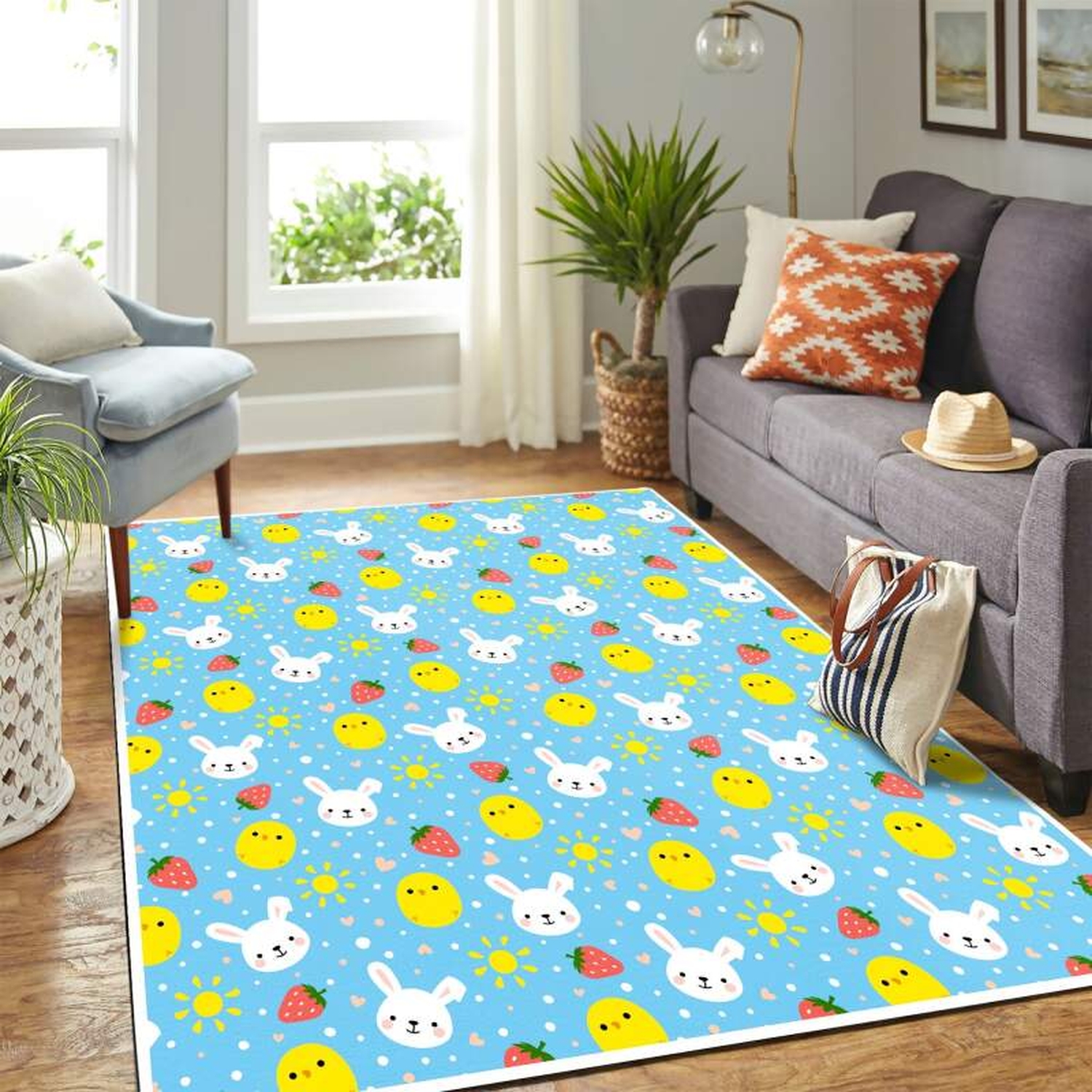 Cute Rabbit Chiken &amp Strawberry Mk Carpet Area Rug - Unique Anime Apparel for Fans