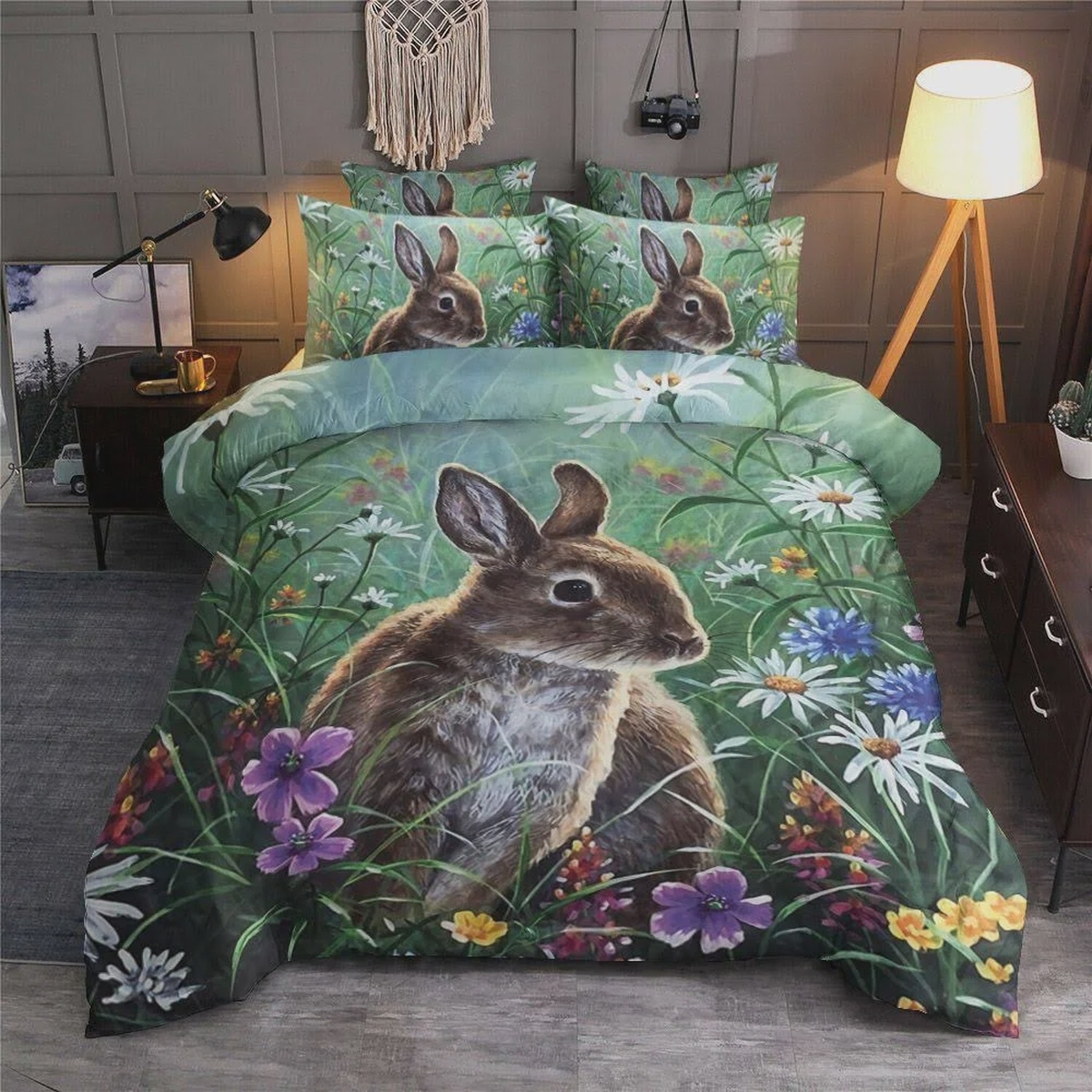 Cute Rabbit In The Flower Field Bed Sheets Spread Duvet Cover Bedding Set - Unique Anime Apparel for Fans