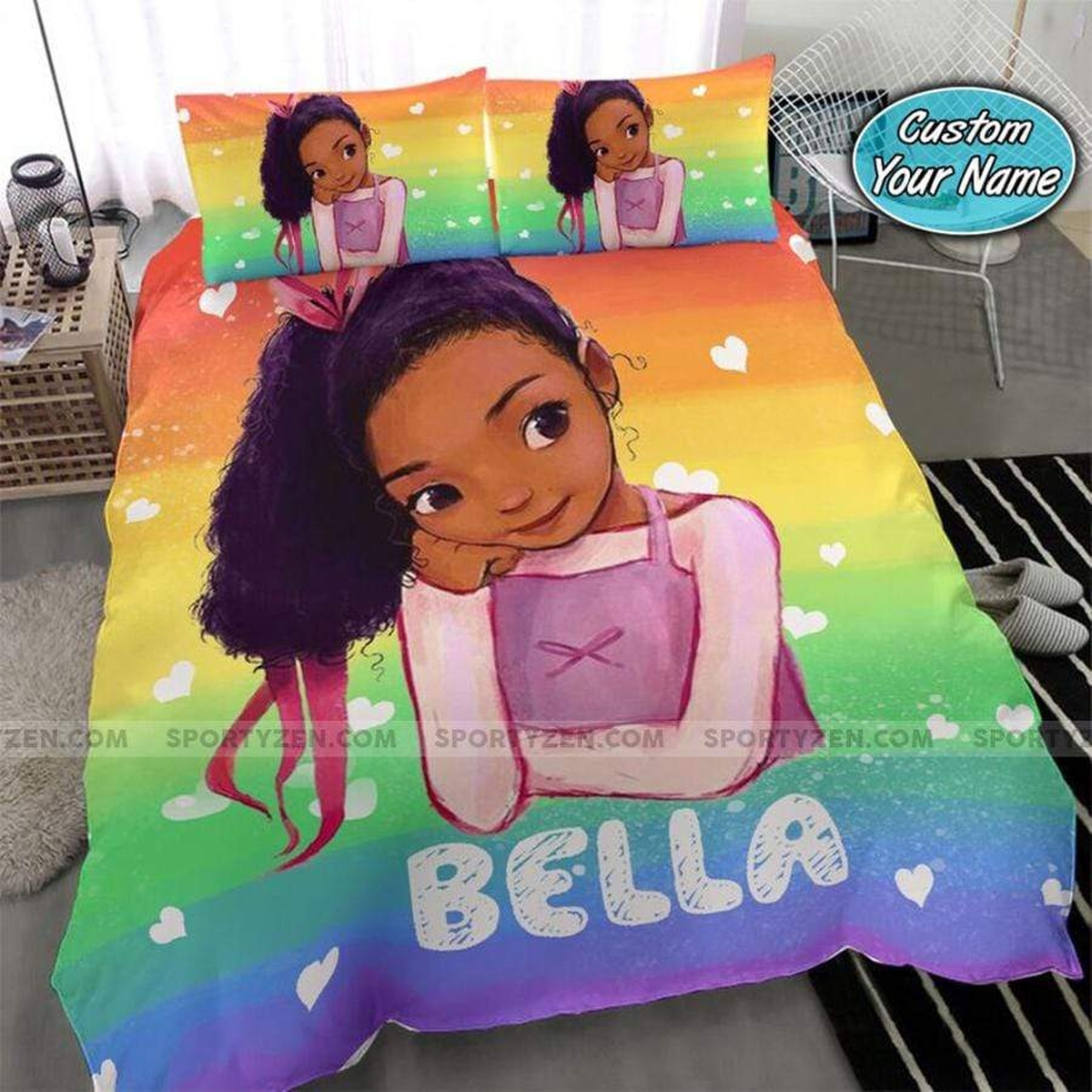 Cutest Black Girl Rainbow Color Custom Name Duvet Cover Bedding Set - Unique Anime Apparel for Fans
