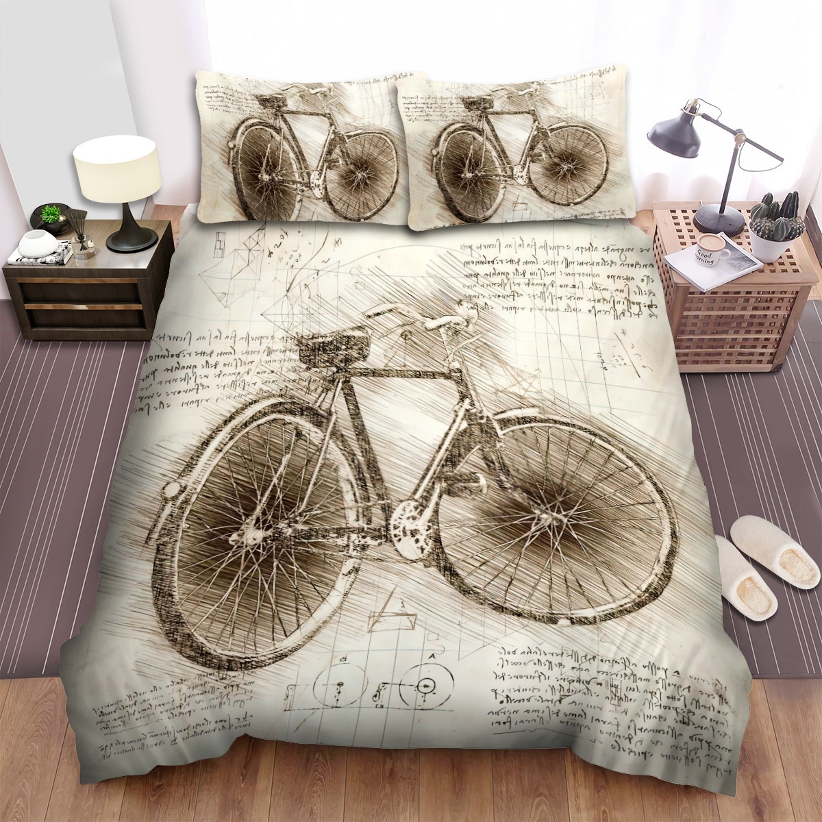 Da Vinci Inspired Sketches Bicycle Side View Bed Sheets Spread Duvet Cover Bedding Set - Unique Anime Apparel for Fans