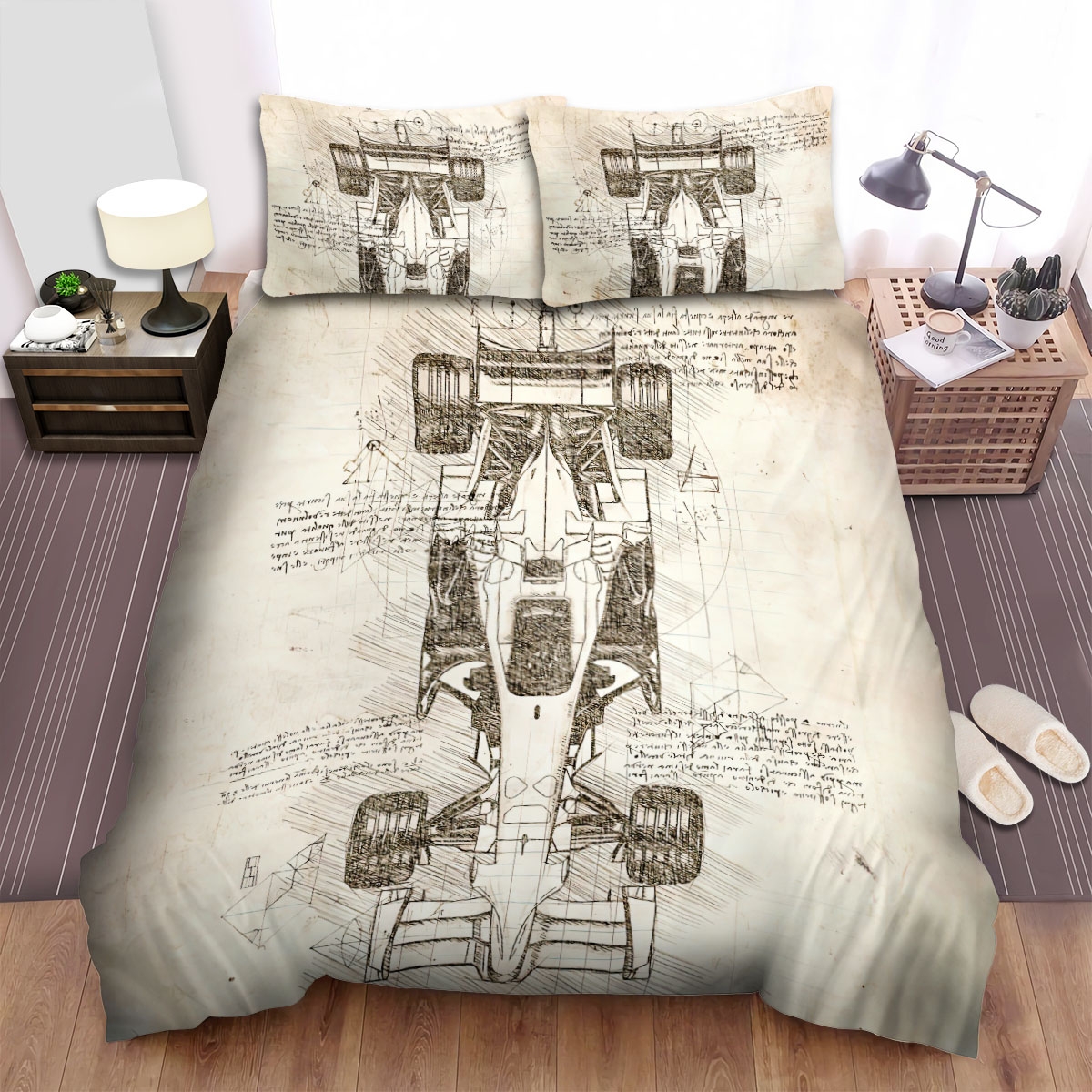 Da Vinci Inspired Sketches Formula 1 Car Bed Sheets Spread Duvet Cover Bedding Set - Unique Anime Apparel for Fans