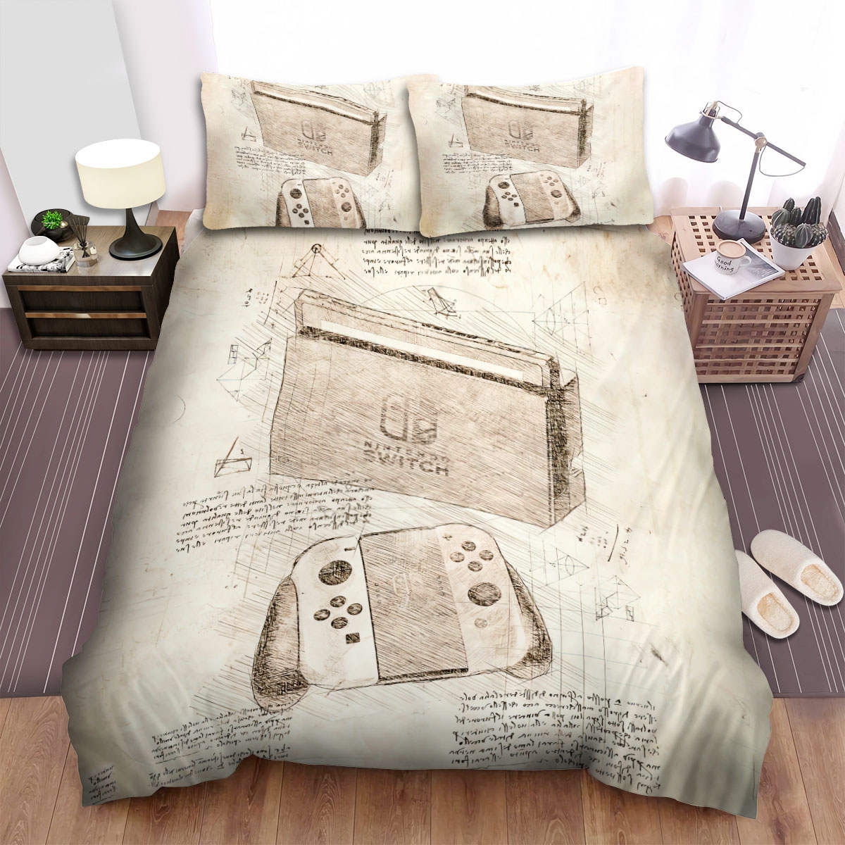 Da Vinci Inspired Sketches Nintendo Switch Bed Sheets Spread Duvet Cover Bedding Set - Unique Anime Apparel for Fans