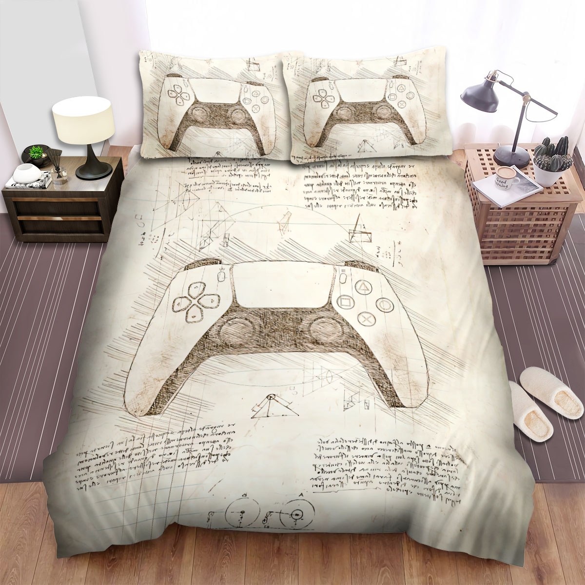 Da Vinci Inspired Sketches Playstation 5 Controller Bed Sheets Spread Comforter Duvet Cover Bedding Set - Unique Anime Apparel for Fans