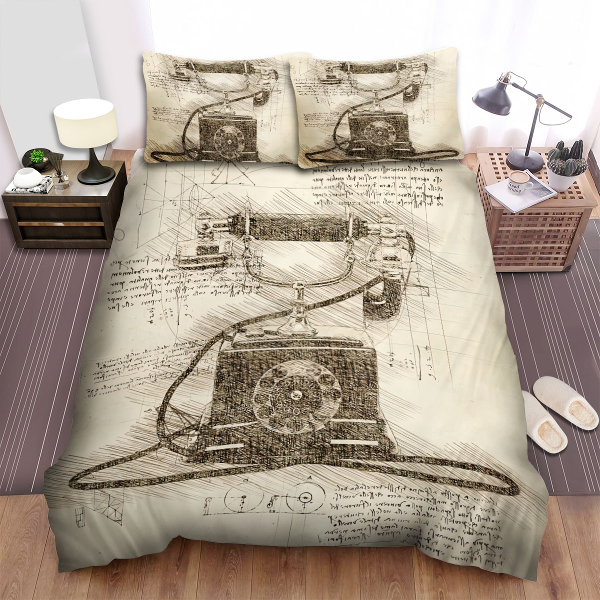 Da Vinci Inspired Sketches Telephone Bed Sheets Spread Duvet Cover Bedding Set - Unique Anime Apparel for Fans
