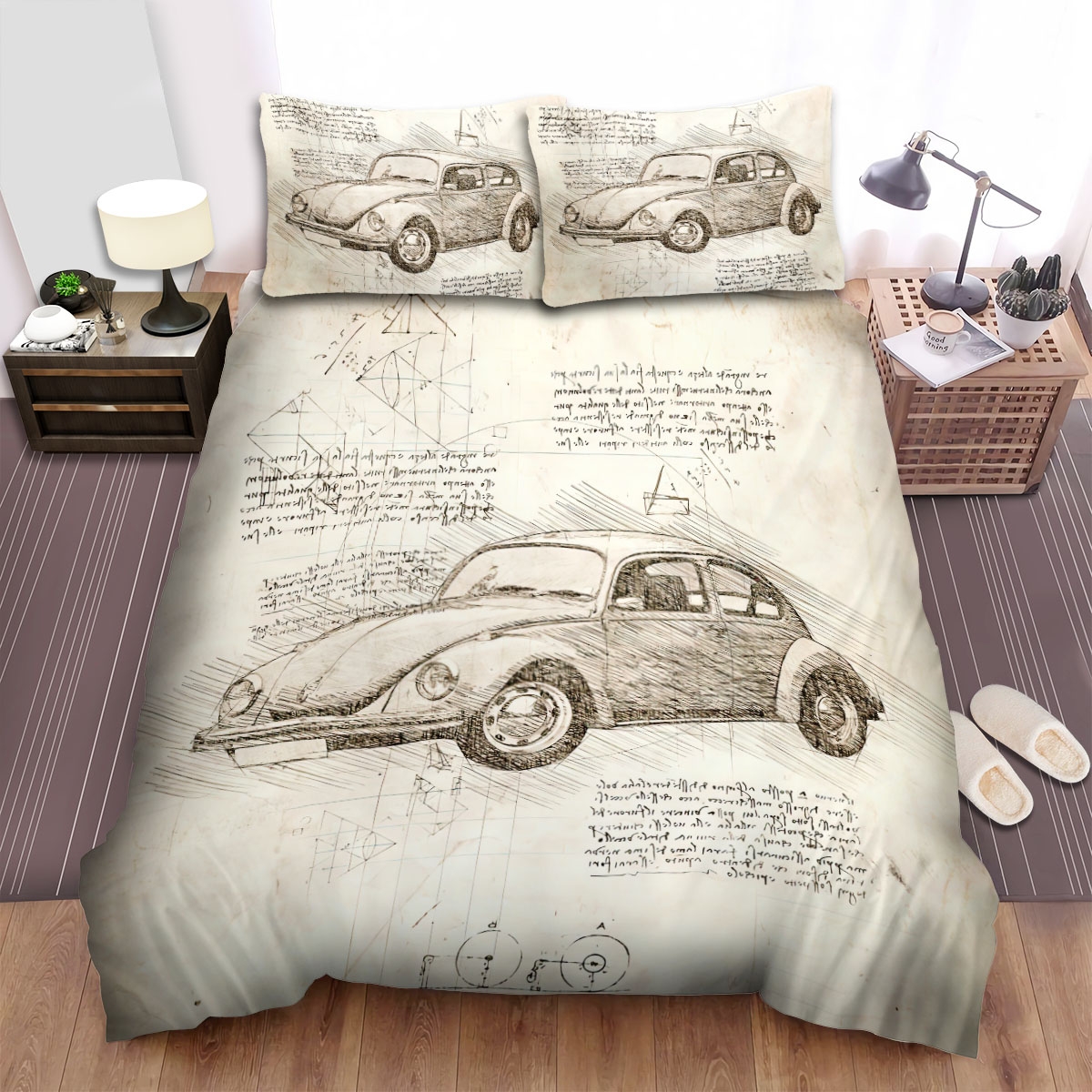 Da Vinci Inspired Sketches Volkswagen Beetle Bed Sheets Spread Duvet Cover Bedding Set - Unique Anime Apparel for Fans