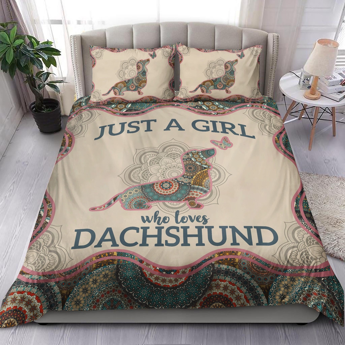 Dachshund Dog And Mandala Pattern Just A Girl Who Loves Dachshund Bedding Set Bed Sheets Spread Duvet Cover Bedding Set - Unique Anime Apparel for Fans
