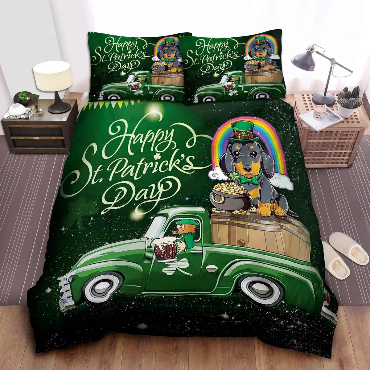 Dachshund Dog Happy St Patrick's Day Bed Sheets Spread Comforter Duvet Cover Bedding Set - Unique Anime Apparel for Fans