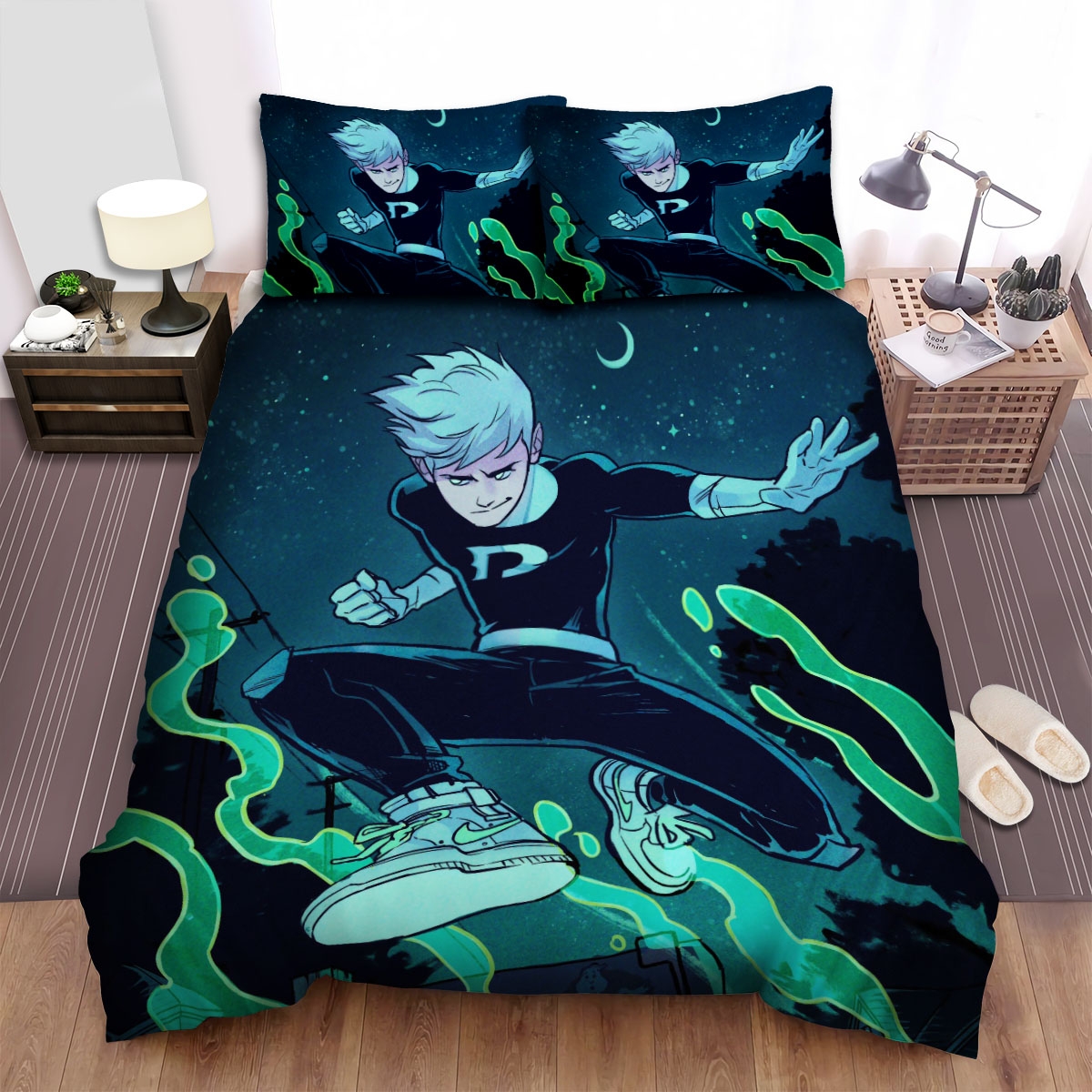 Danny Phantom Fighting With Ghost Artwork Bed Sheets Spread Duvet Cover Bedding Set - Unique Anime Apparel for Fans