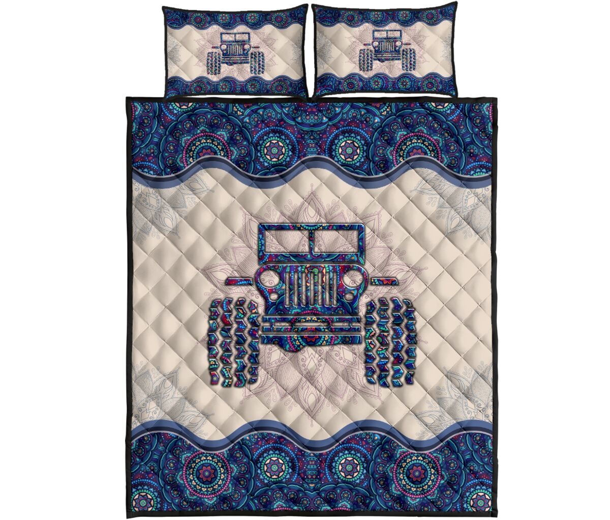 Dark Blue Jeep And Mandala Pattern Quilt Bedding Set - Unique Anime Apparel for Fans