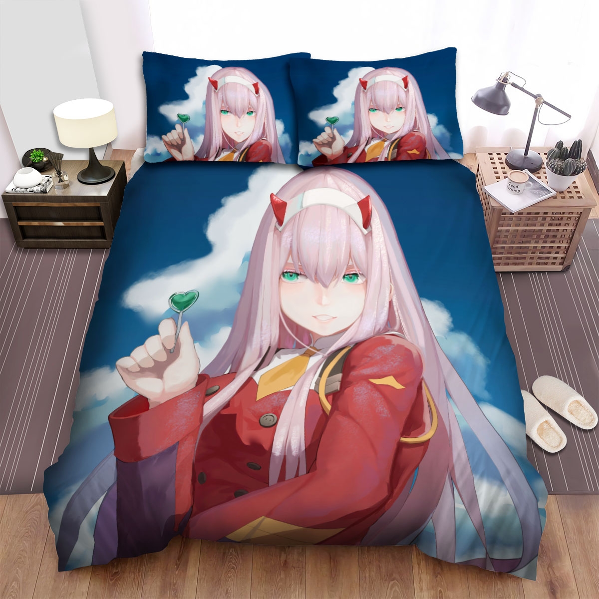 Darling In The Franxx Zero Two & The Heart-Shaped Lollipop Bed Sheets Spread Duvet Cover Bedding Set - Unique Anime Apparel for Fans
