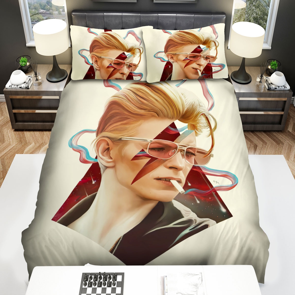 David Bowie Smoking With Iconic Lightning Bolt Makeup Bed Sheets Spread Duvet Cover Bedding Set - Unique Anime Apparel for Fans