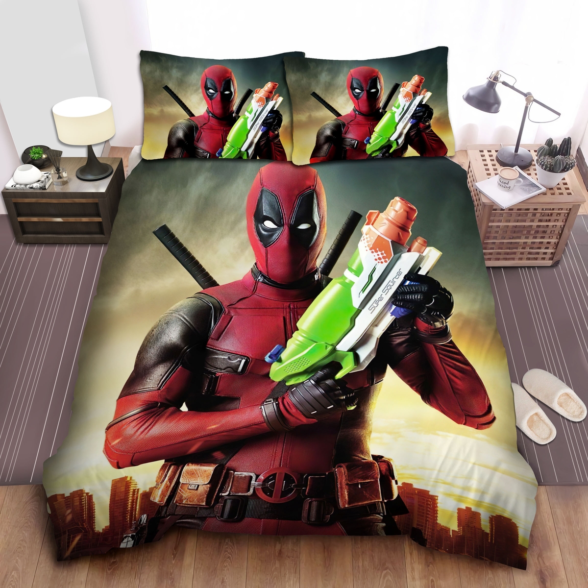 Deadpool With Water Gun Poster Bed Sheets Spread Duvet Cover Bedding Set - Unique Anime Apparel for Fans
