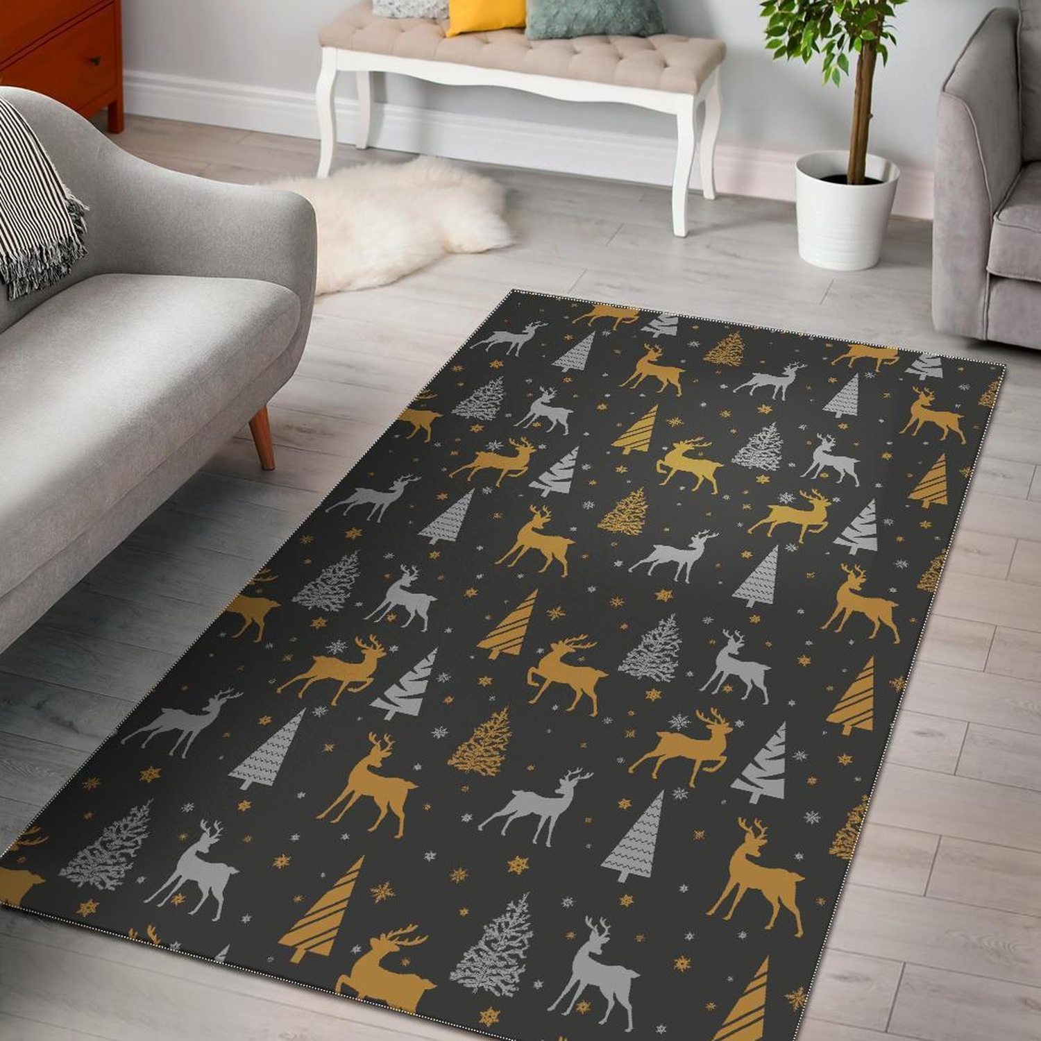 Deer Christmas Tree Pattern Print Area Limited Edition Rug - Unique Anime Apparel for Fans
