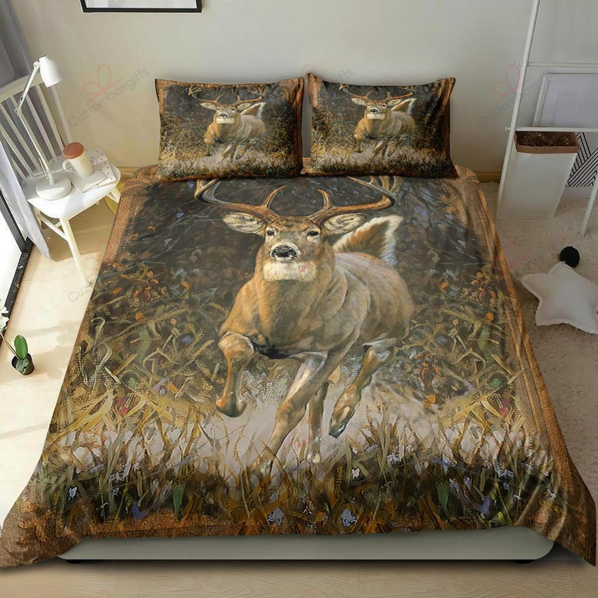 Deer Running In The forest Bedding Set Bed Sheets Spread Duvet Cover Bedding Set - Unique Anime Apparel for Fans