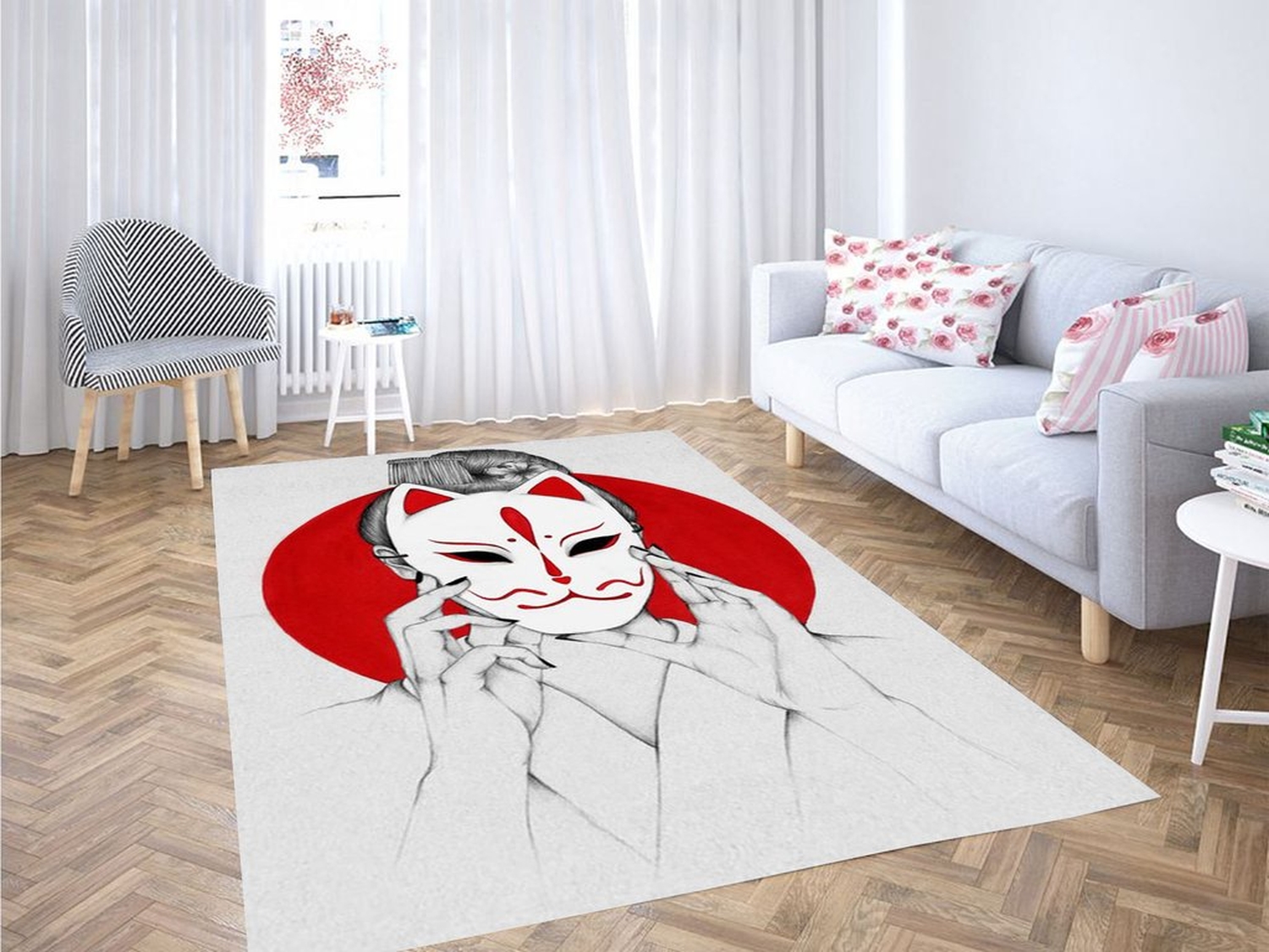Desenho De Mascara Kitsune Living Room Modern Carpet Rug - Unique Anime Apparel for Fans
