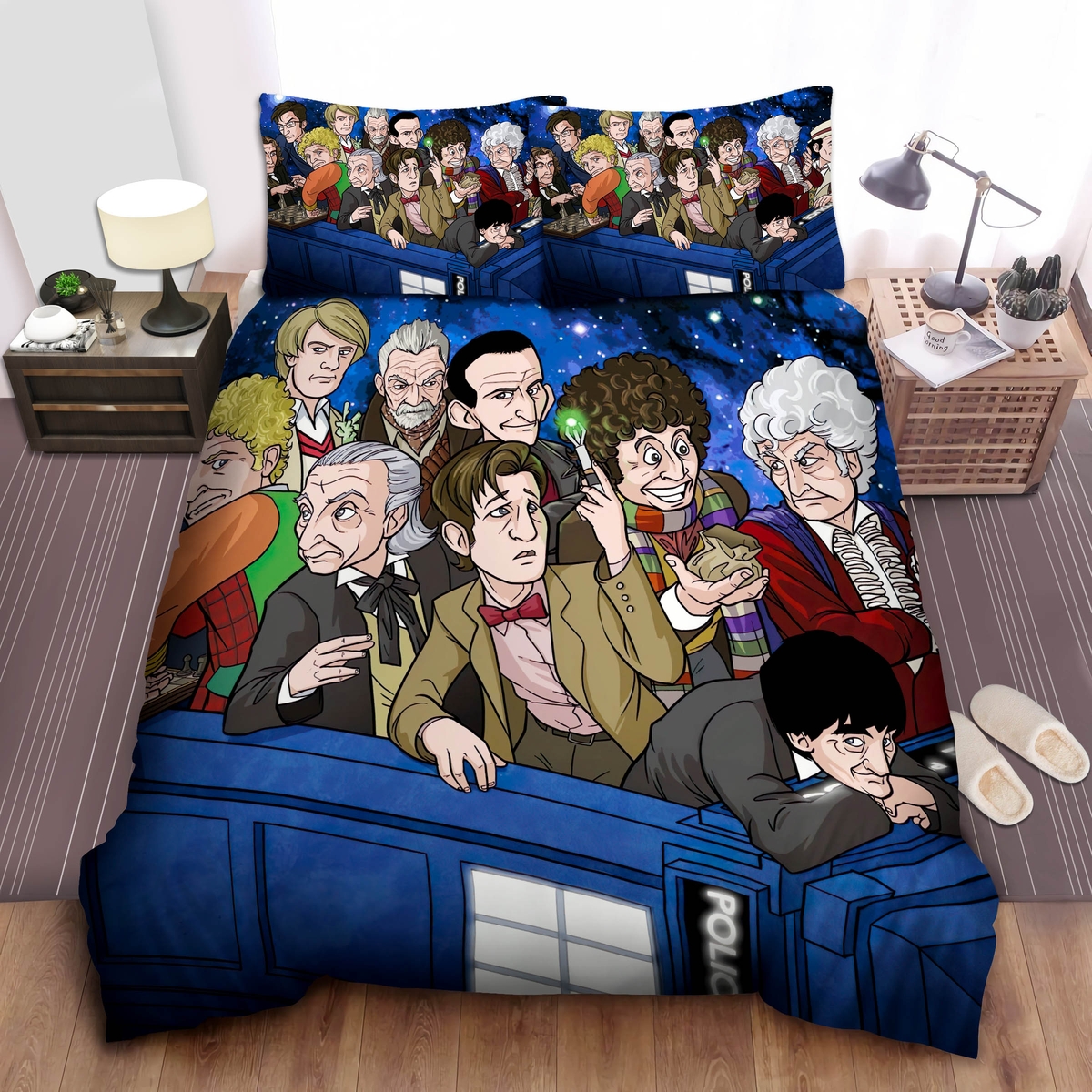 Doctor Who The Twelve Doctors On Tardis In Cartoonish Art Bed Sheets Spread Duvet Cover Bedding Set - Unique Anime Apparel for Fans