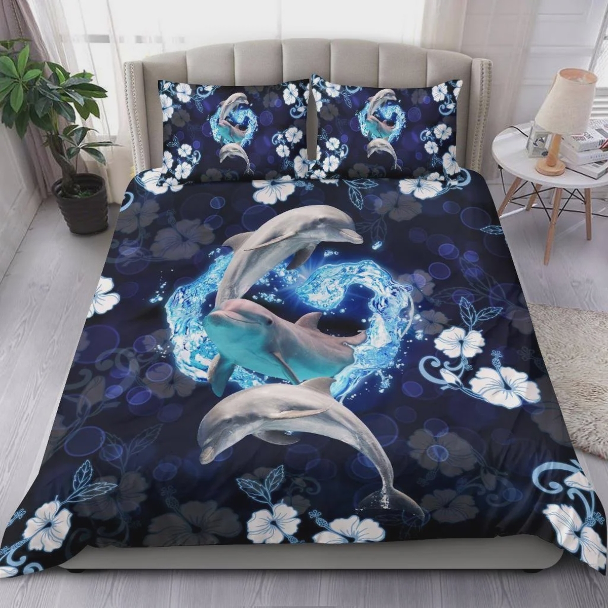Dolphins In Heart Bed Sheets Spread Comforter Duvet Cover Bedding Set - Unique Anime Apparel for Fans
