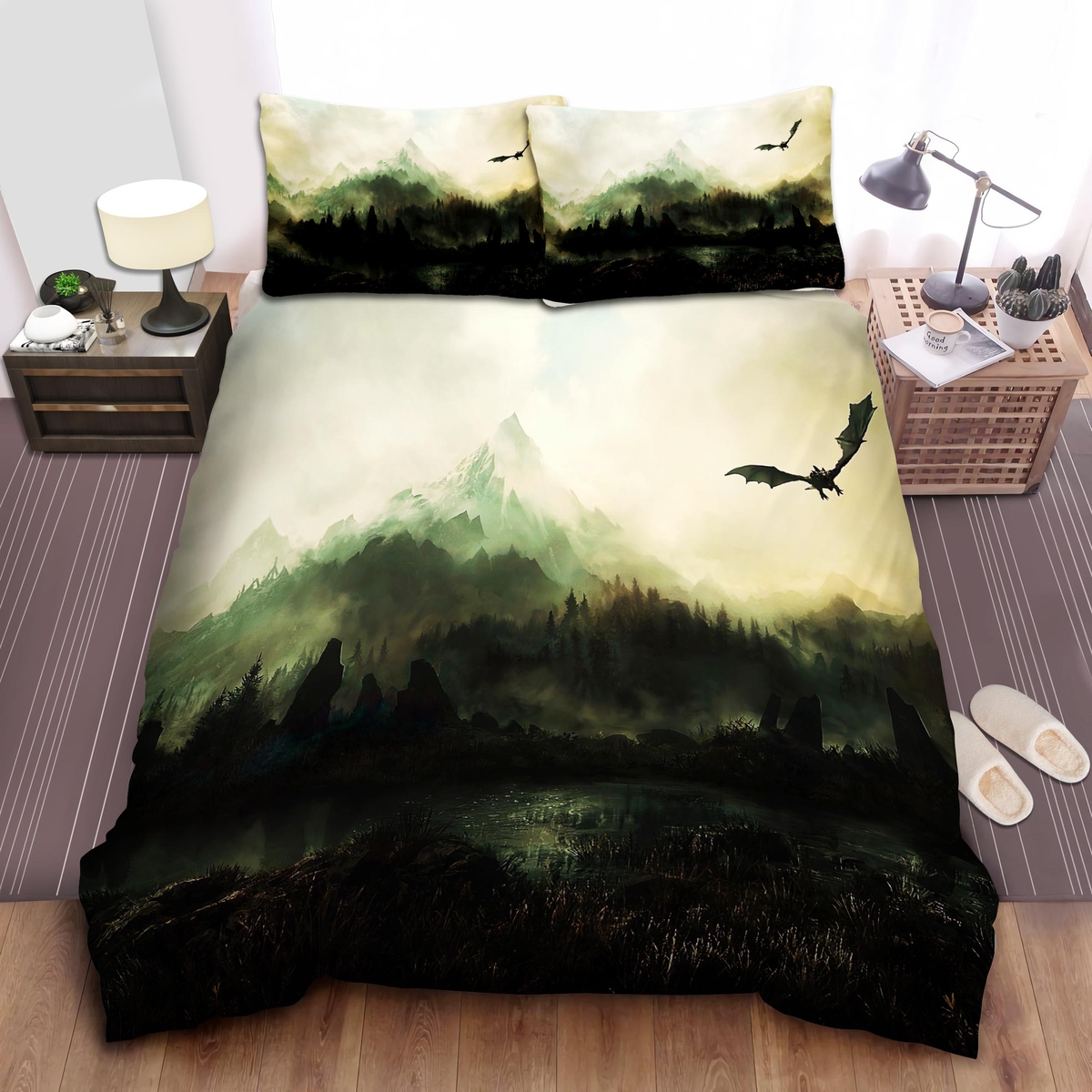 Dragon Flying In Skyrim Bed Sheets Spread Duvet Cover Bedding Set - Unique Anime Apparel for Fans