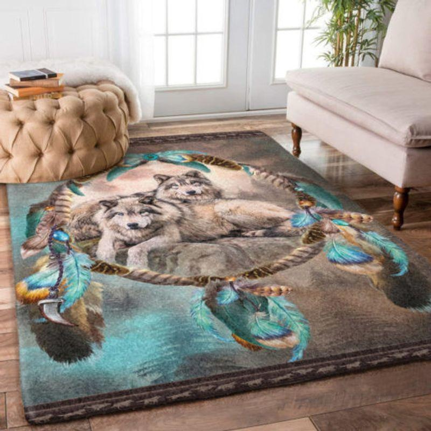 Dreamcatcher Couple Wolf Rectangle Limited Edition Rug - Unique Anime Apparel for Fans