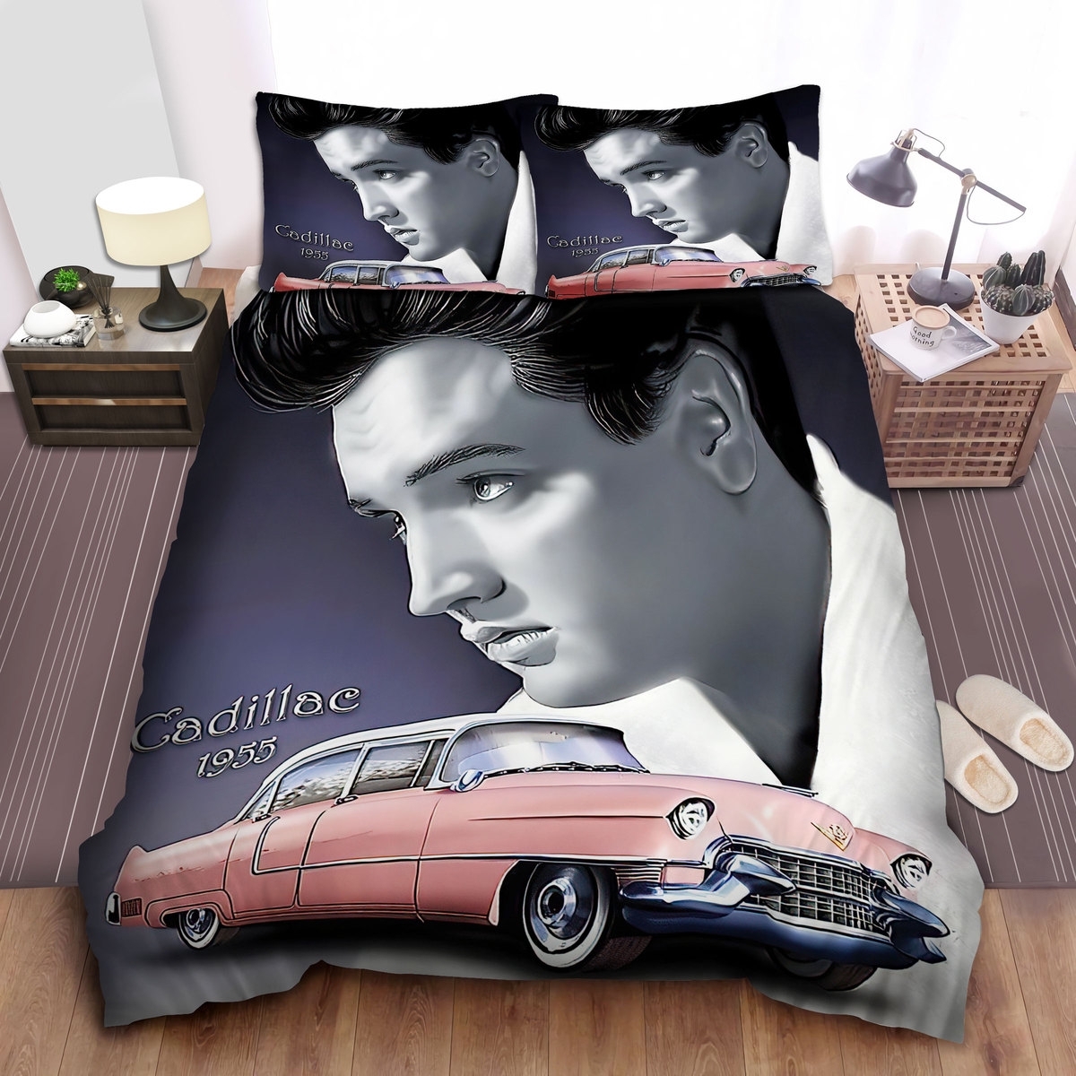 Elvis Presley And His 1955 Pink Cadillac Bed Sheets Spread Duvet Cover Bedding Set - Unique Anime Apparel for Fans