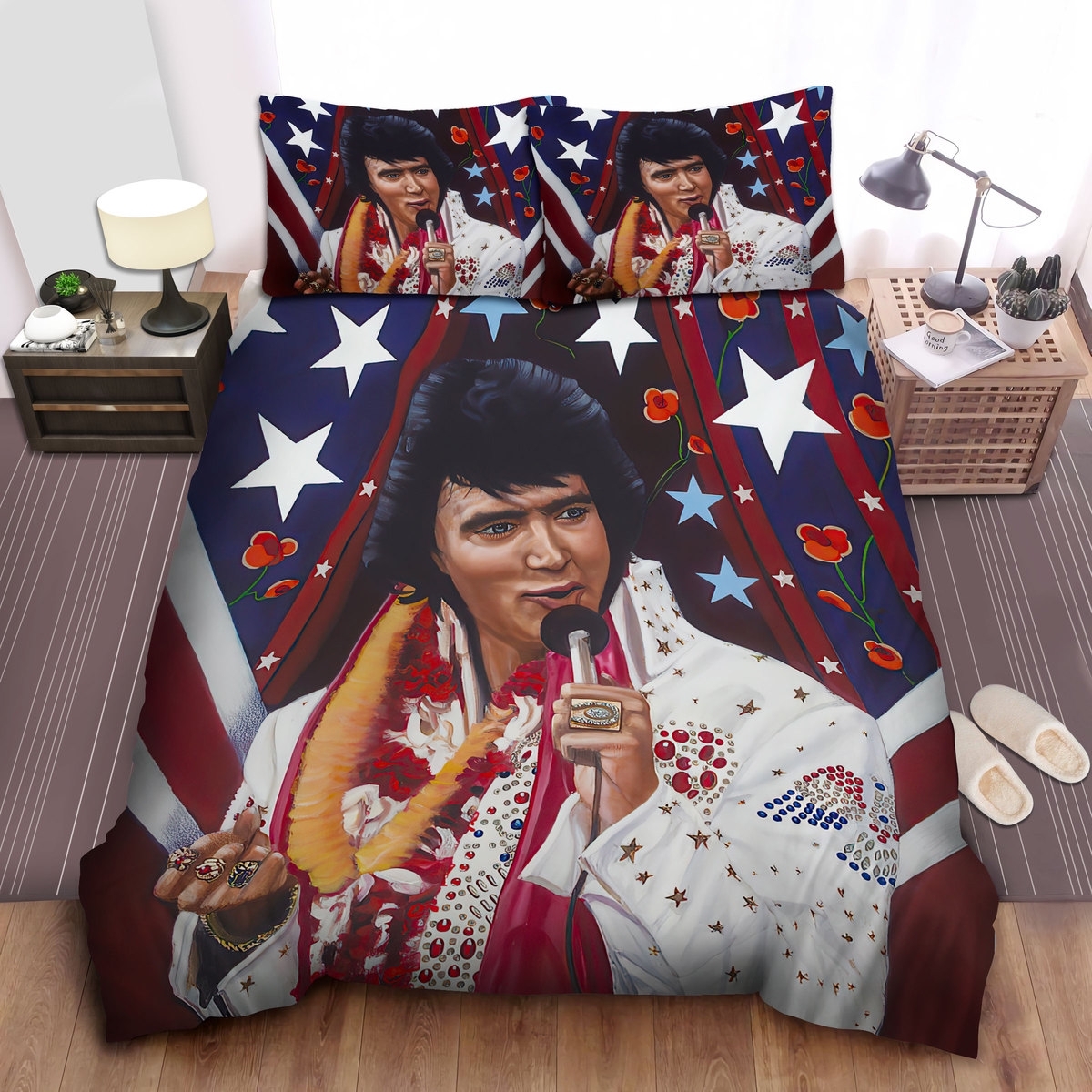 Elvis Presley In Iconic White Rhinestone Jumpsuit Painting Bed Sheets Spread Duvet Cover Bedding Set - Unique Anime Apparel for Fans
