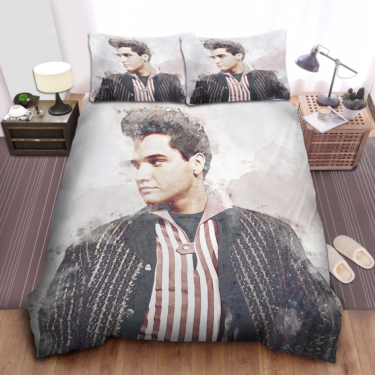 Elvis Presley In Watercolor Painting Art Bed Sheets Spread Comforter Duvet Cover Bedding Set - Unique Anime Apparel for Fans
