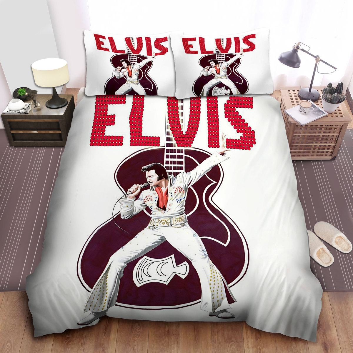Elvis Presley In White Rhinestone Jumpsuit & His Guitar Painting Bed Sheets Spread Duvet Cover Bedding Set - Unique Anime Apparel for Fans