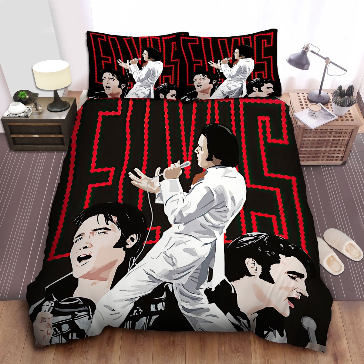 Elvis Presley In White Suits Digital Painting Bed Sheets Spread Duvet Cover Bedding Set - Unique Anime Apparel for Fans