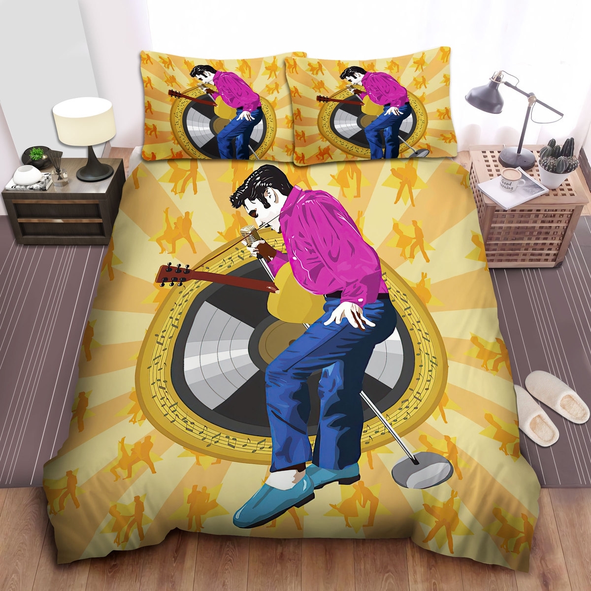 Elvis Presley On Stage Painting Art On Vinyl Background Bed Sheets Spread Duvet Cover Bedding Set - Unique Anime Apparel for Fans