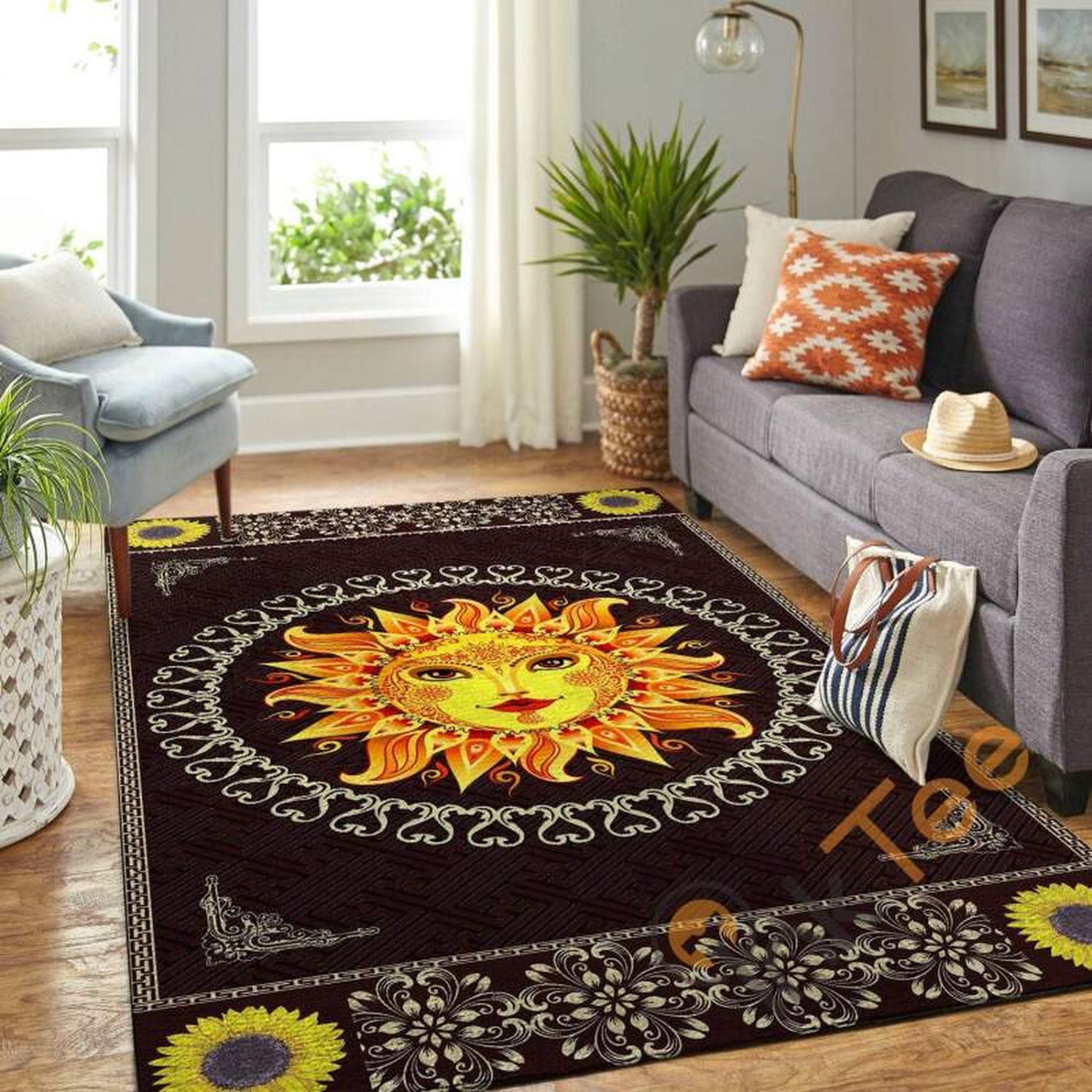 Fabulous Sun With Sunflower Pattern Hippie Floor Decor Soft Living Room Bedroom Carpet Highlight For Home Cute Rug - Unique Anime Apparel for Fans