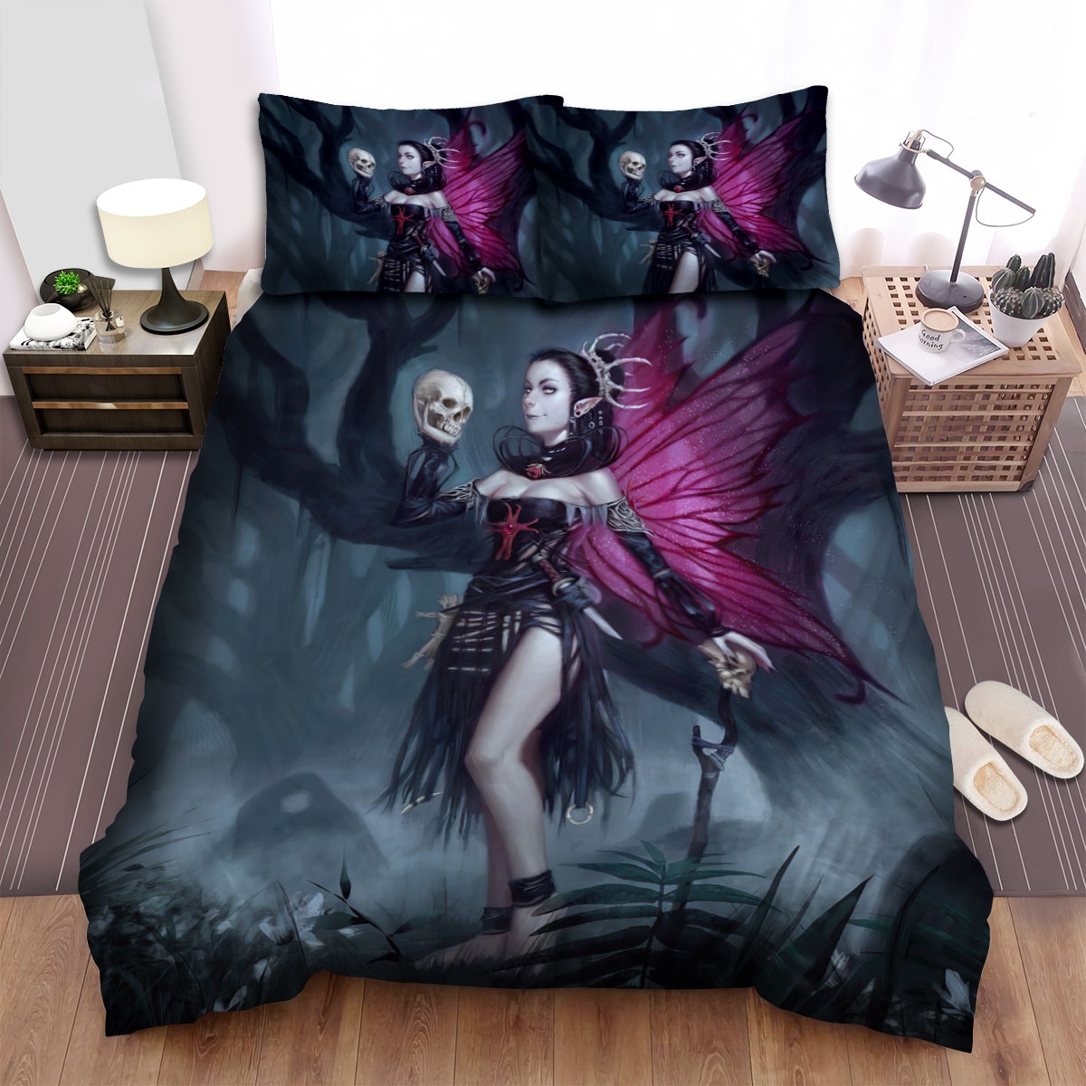 Fairy's Reverie & Skull Artwork Bed Sheets Spread Duvet Cover Bedding Set - Unique Anime Apparel for Fans
