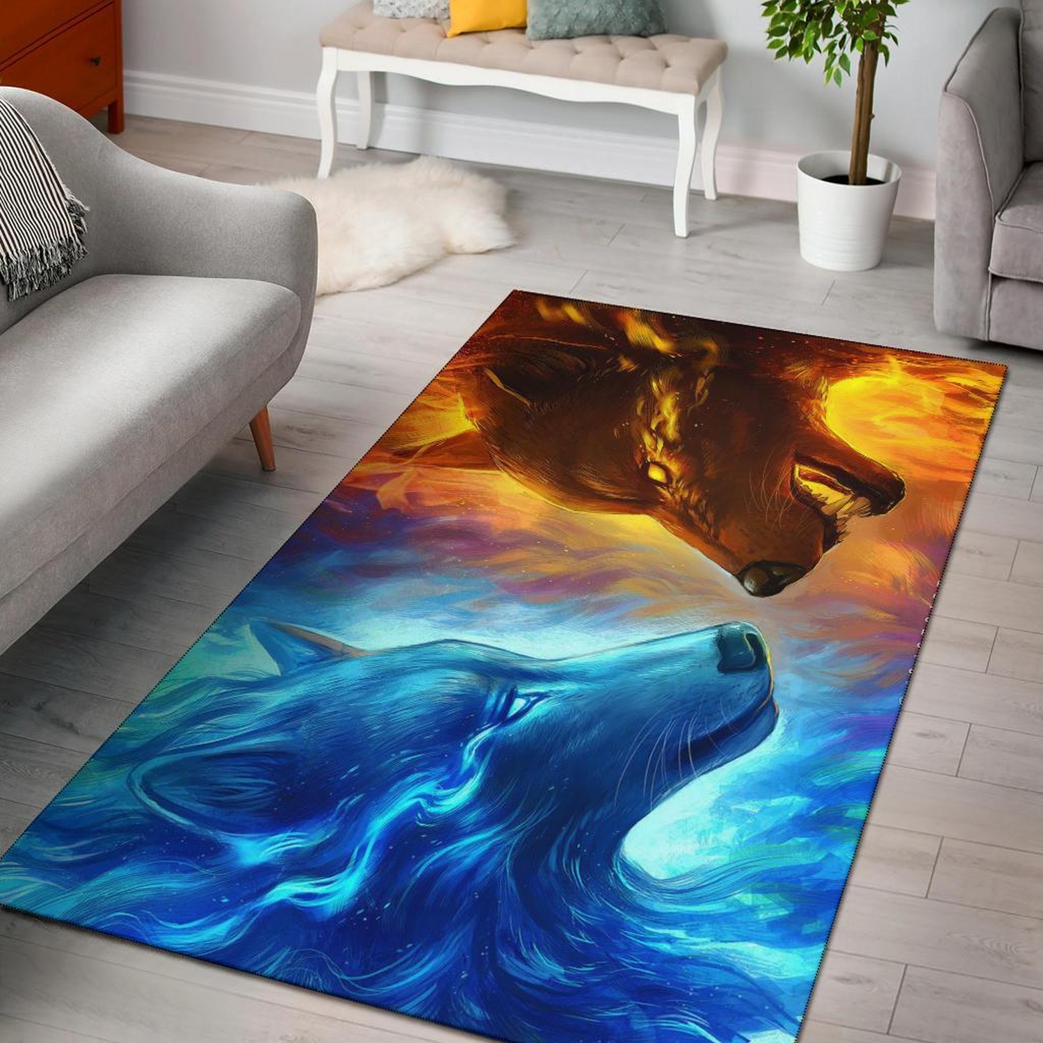 Fire And Ice Wolf Area Rug - Unique Anime Apparel for Fans
